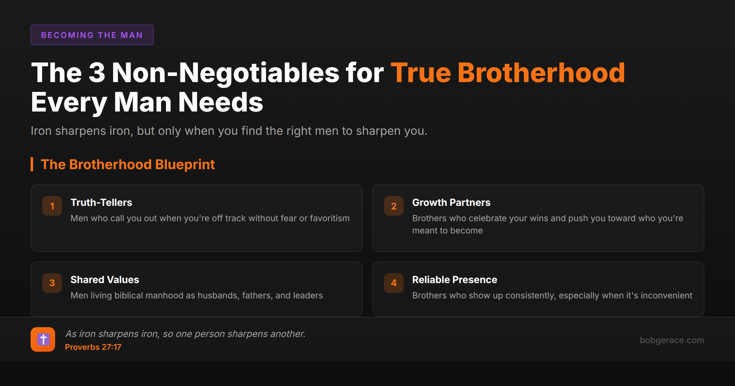 Brotherhood framework showing 4 principles for finding accountability partners and brothers in faith for biblical manhood and marriage growth
