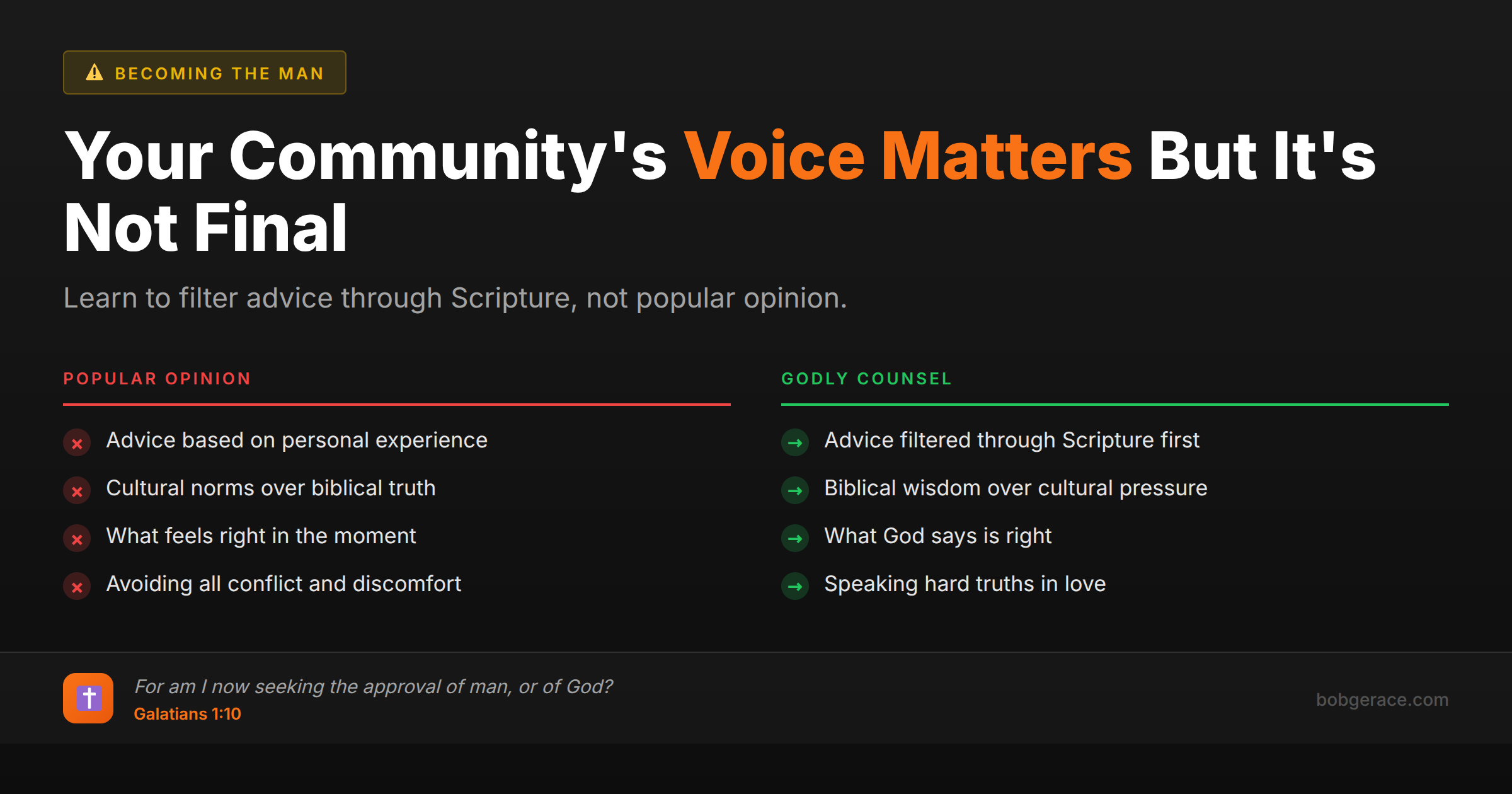 Marriage coaching infographic comparing popular community advice versus godly biblical counsel for husbands