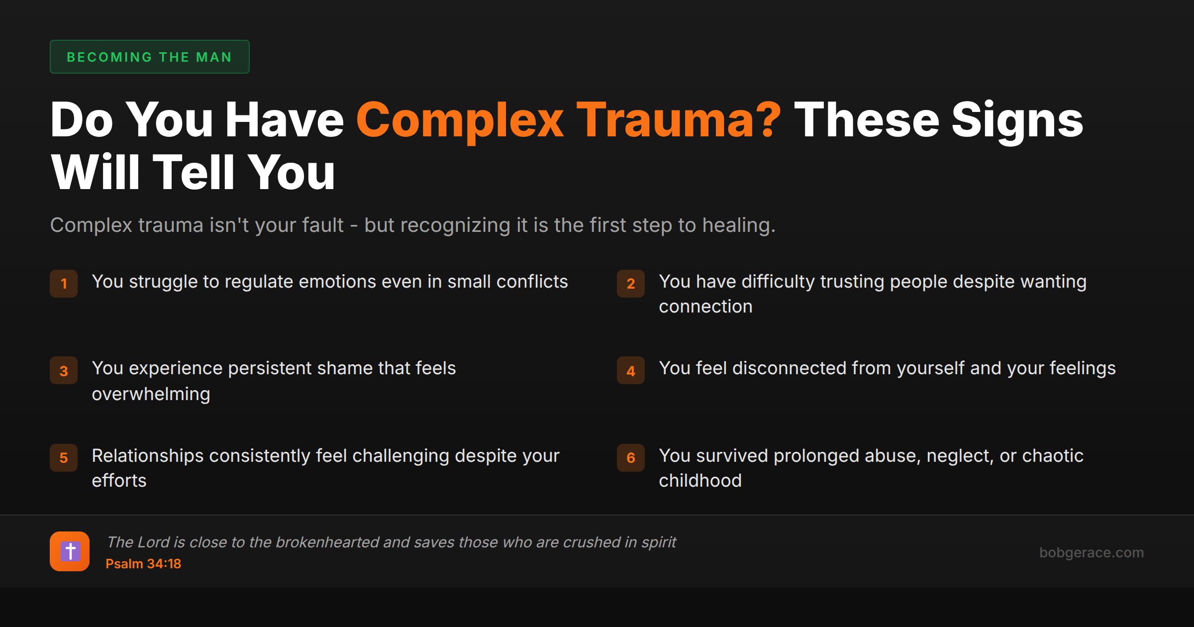 Complex trauma checklist for men - signs and symptoms of C-PTSD with biblical encouragement from Psalm 34:18