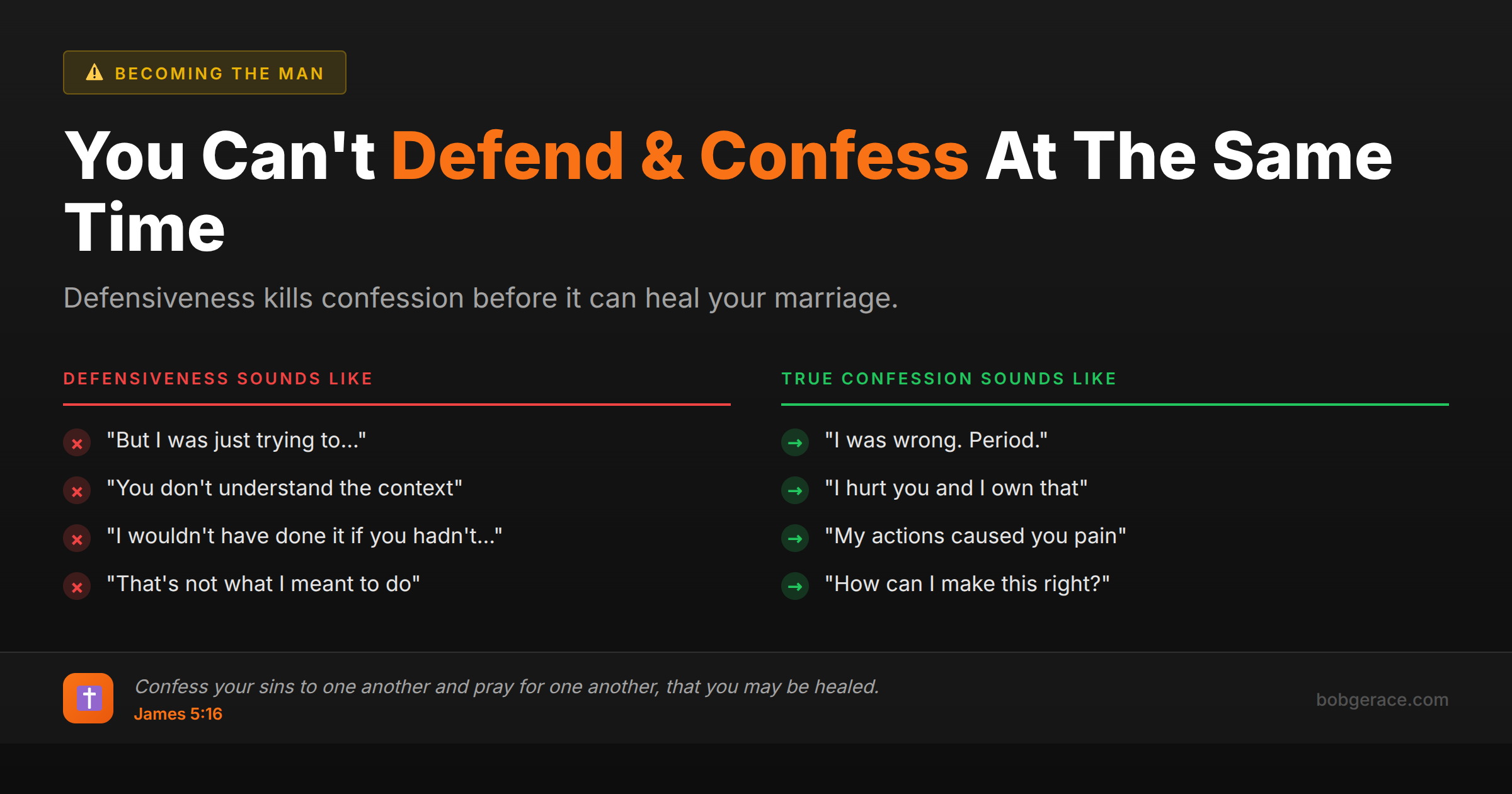 Marriage coaching infographic comparing defensive responses versus true confession in relationships, showing how authentic confession without excuses leads to healing