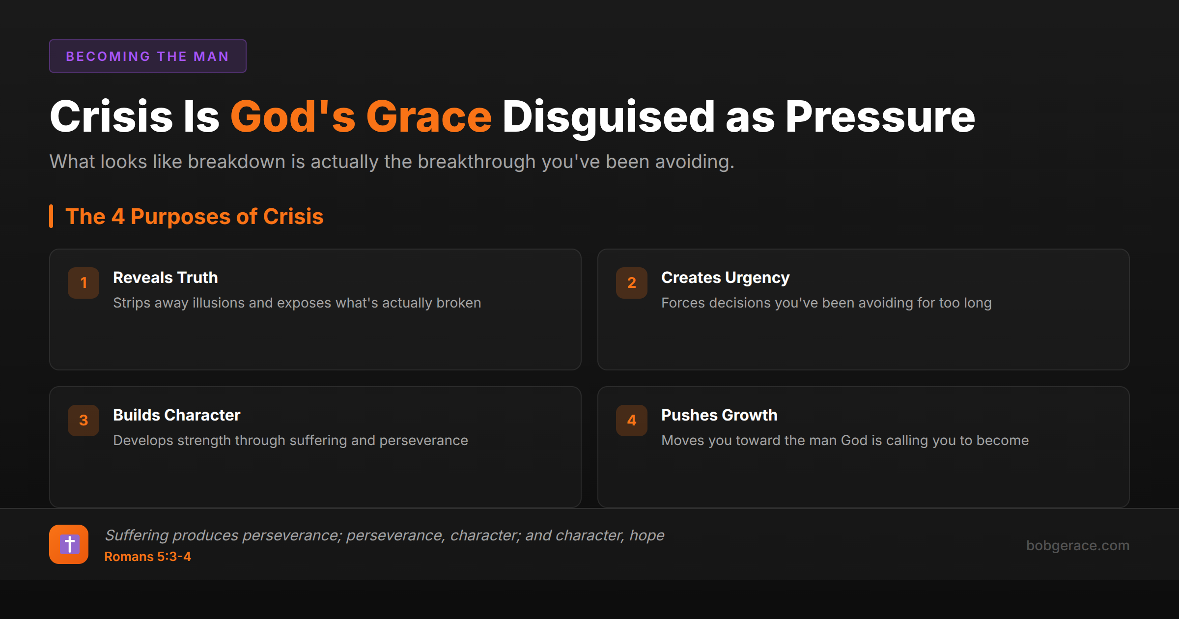 Marriage coaching framework showing how crisis serves as God's grace to transform men through revealing truth, creating urgency, building character, and pushing growth