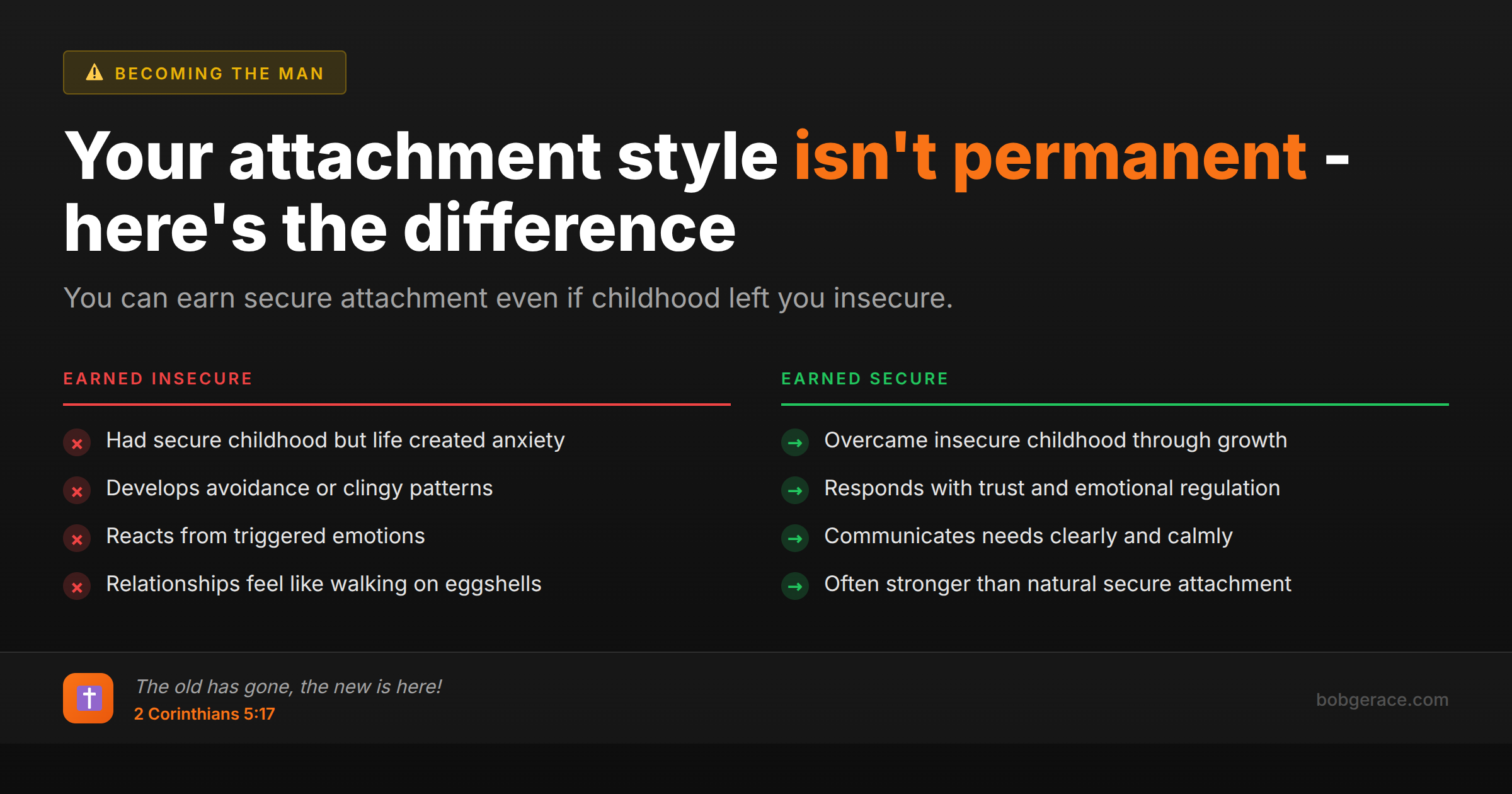 Comparison chart showing differences between earned secure and earned insecure attachment styles for marriage coaching