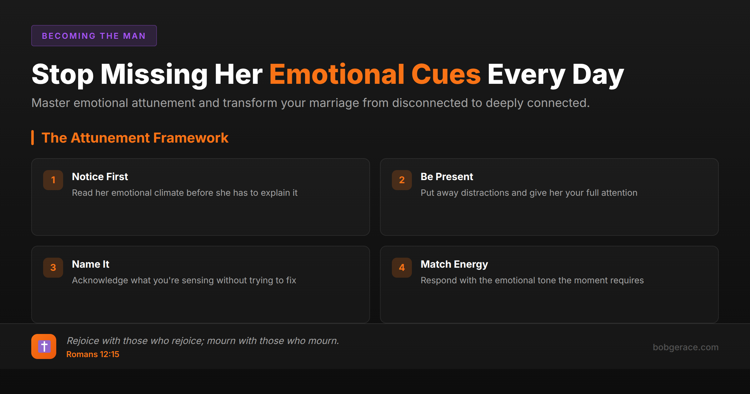 Marriage coaching infographic showing the four-step emotional attunement framework for husbands to better connect with their wives