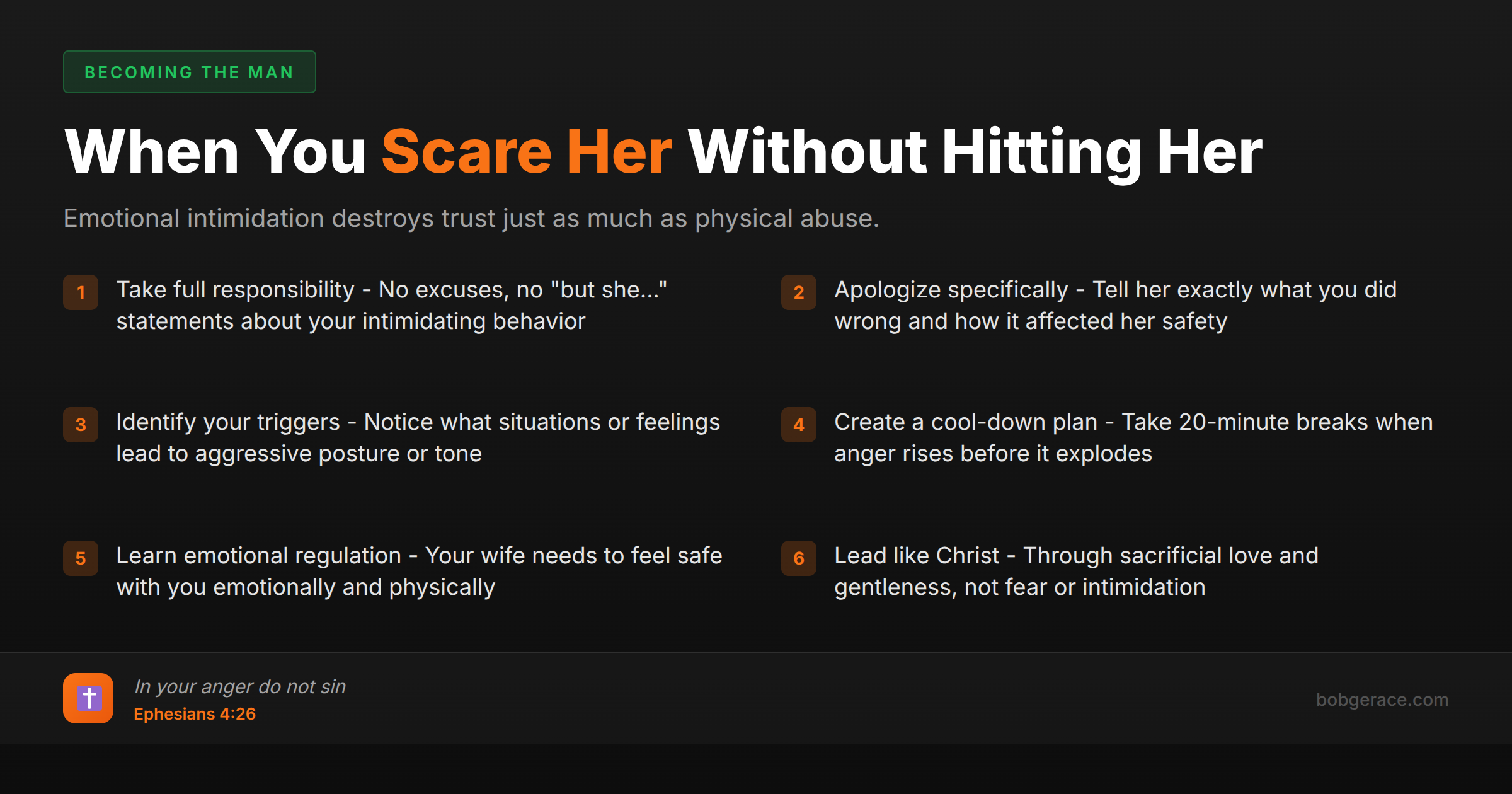 Marriage coaching checklist for men who emotionally intimidate their wives - steps to stop scaring her and build safety