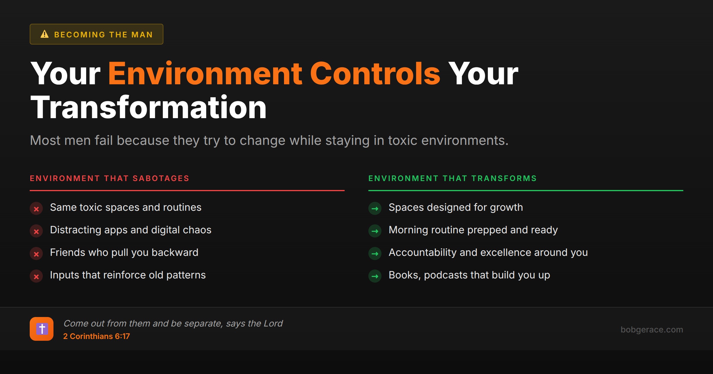 Comparison chart showing how environment either sabotages or accelerates personal transformation for married men