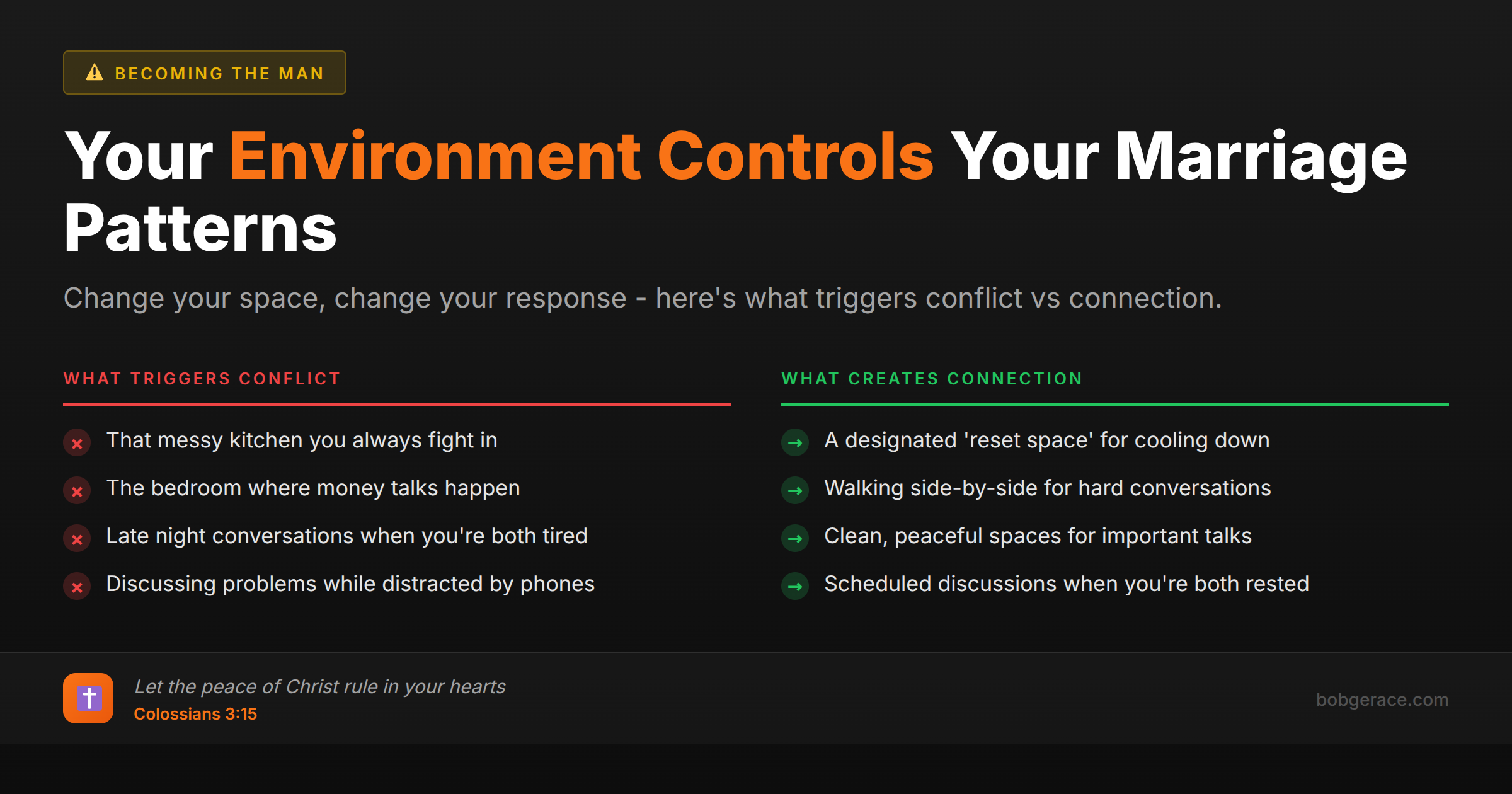 Marriage coaching comparison showing environmental triggers that cause conflict versus connection in relationships