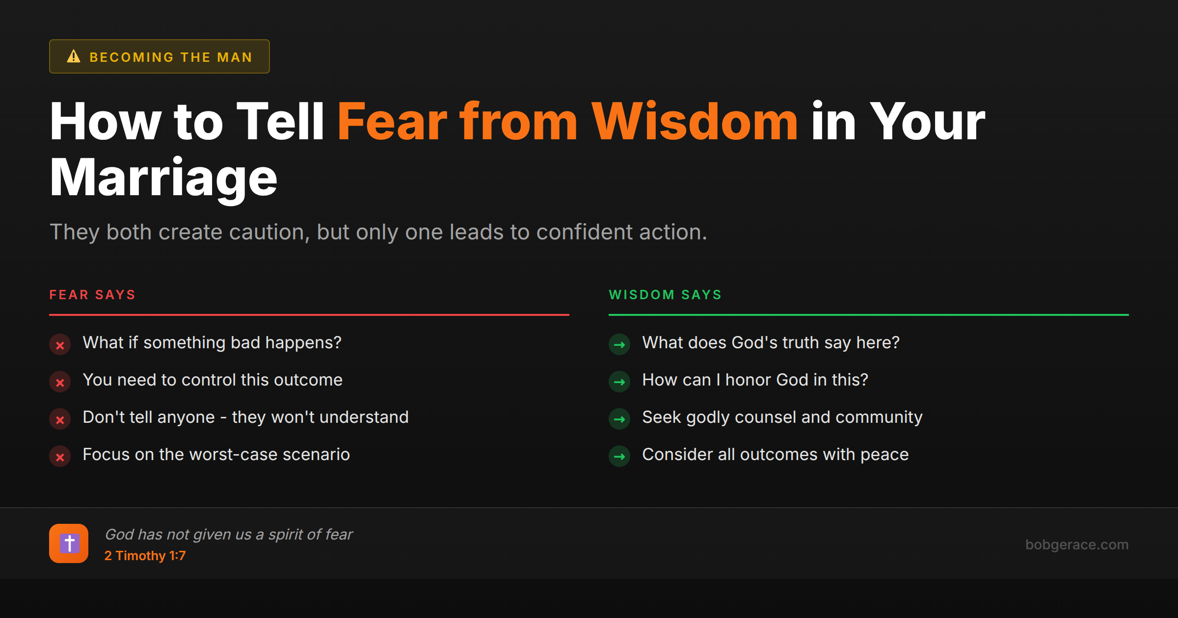 Marriage coaching guide comparing fear-based vs wisdom-based decision making with biblical perspective