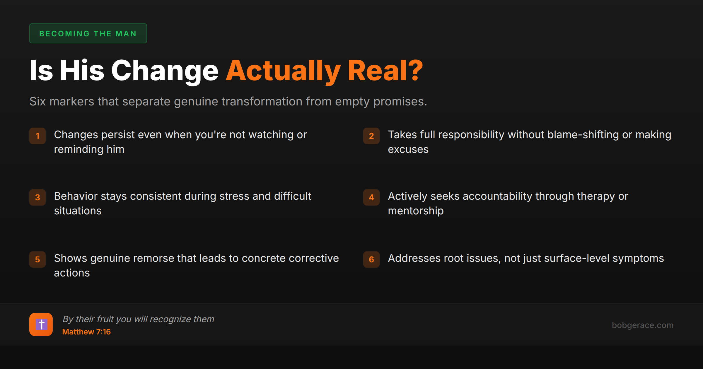 Checklist of six markers that indicate genuine behavior change versus temporary performance in marriage