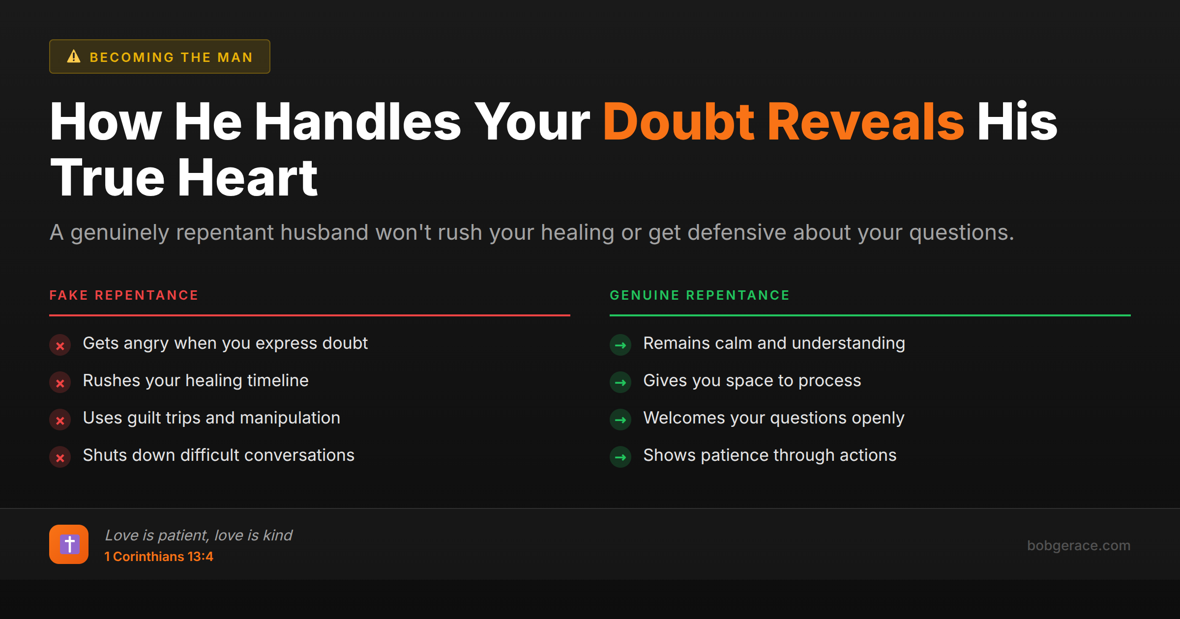 Comparison chart showing how genuine vs fake repentance responds to a wife's doubt in marriage