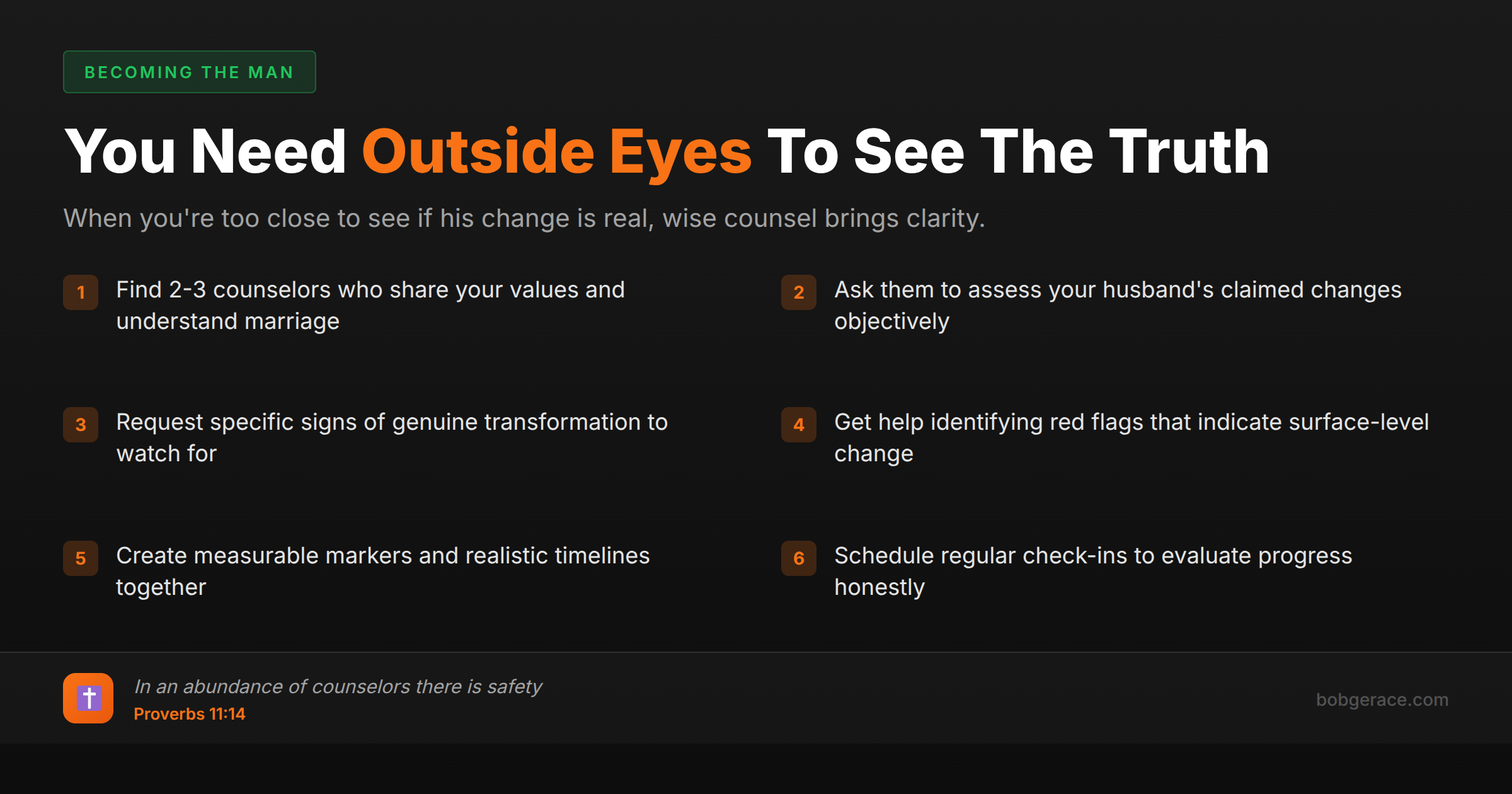 Checklist for getting outside perspective when evaluating husband's change in marriage coaching