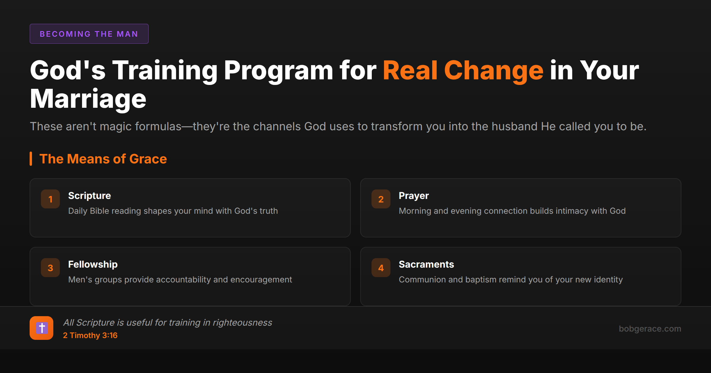 God's means of grace framework showing Scripture, prayer, fellowship, and sacraments as channels for marriage transformation