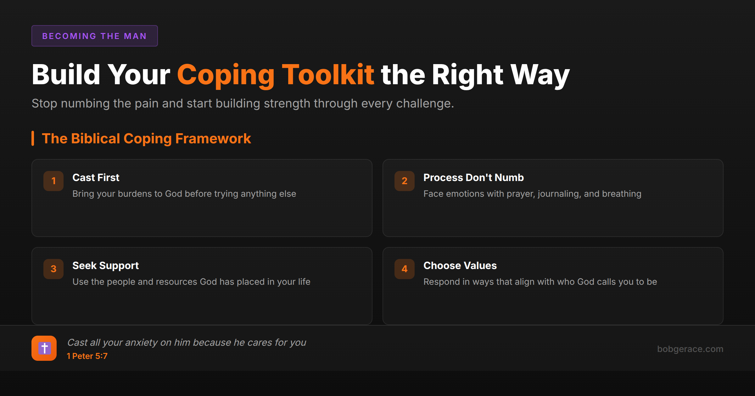 Biblical framework for healthy coping strategies showing four principles: cast first, process don't numb, seek support, and choose values, with 1 Peter 5:7 scripture reference