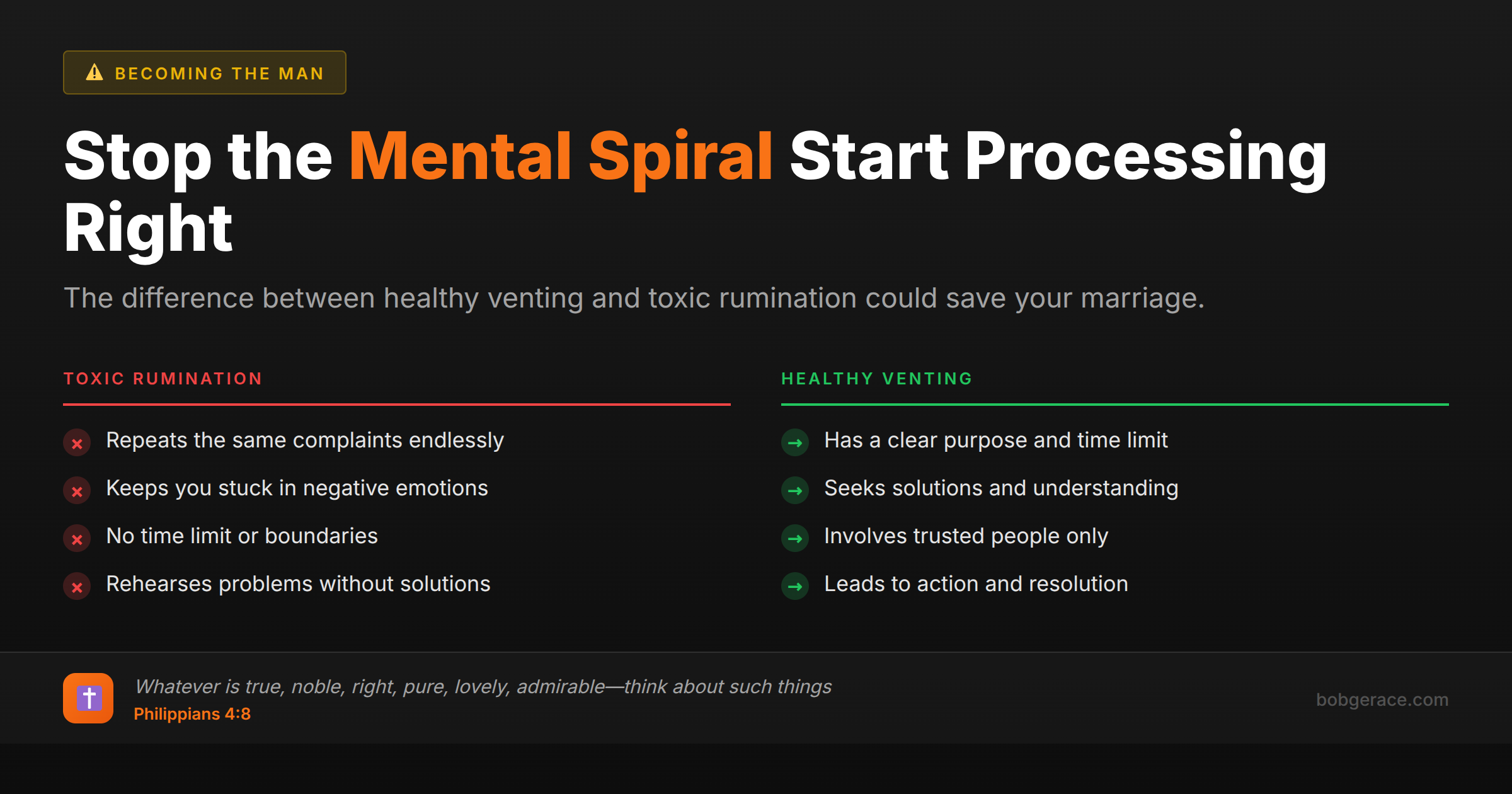 Comparison chart showing toxic rumination versus healthy venting for marriage coaching and emotional processing