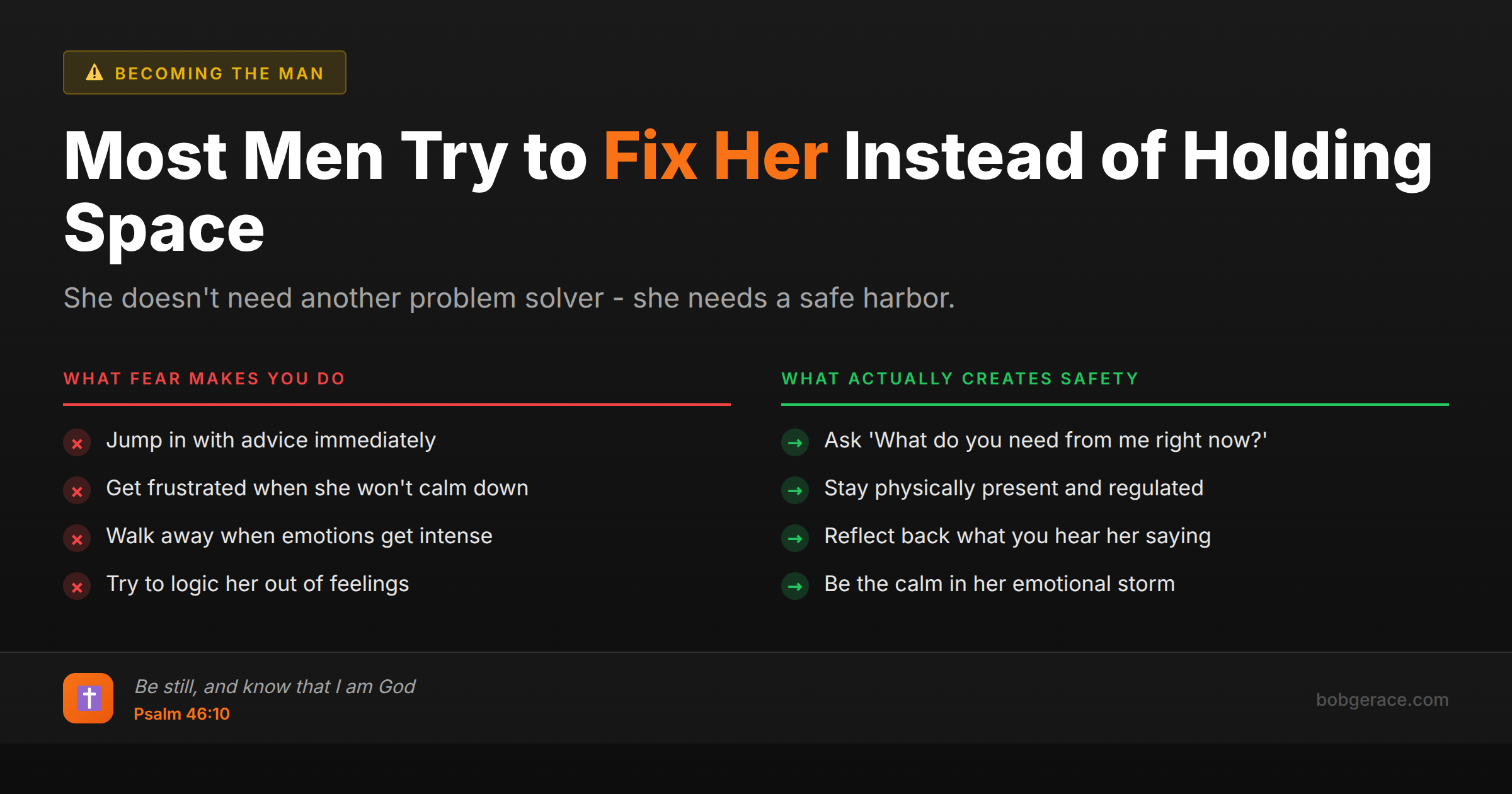 Marriage advice comparing fixing wife's emotions versus holding space for her feelings
