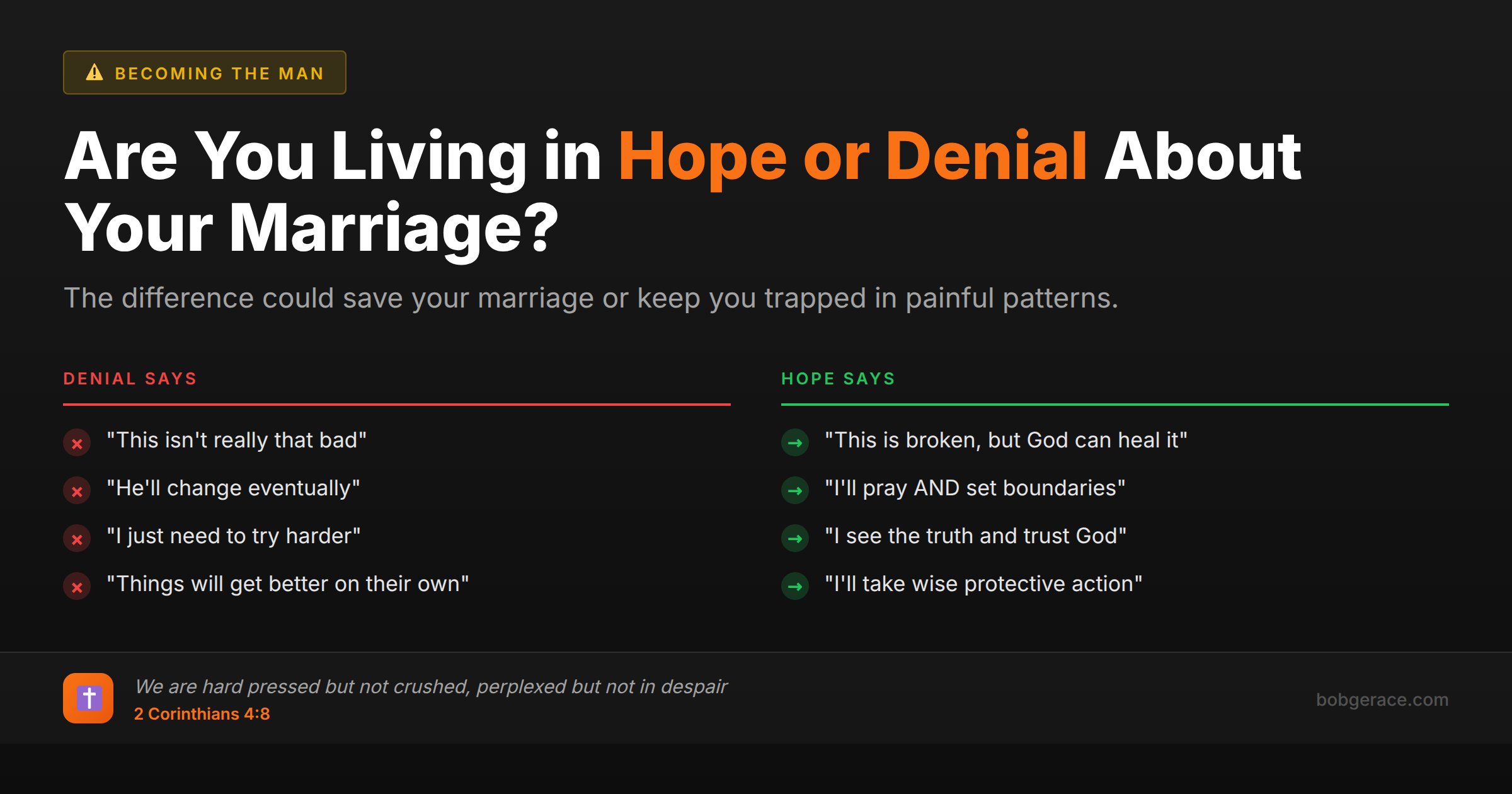 Marriage coaching infographic comparing denial versus biblical hope - shows the difference between ignoring problems and facing reality while trusting God
