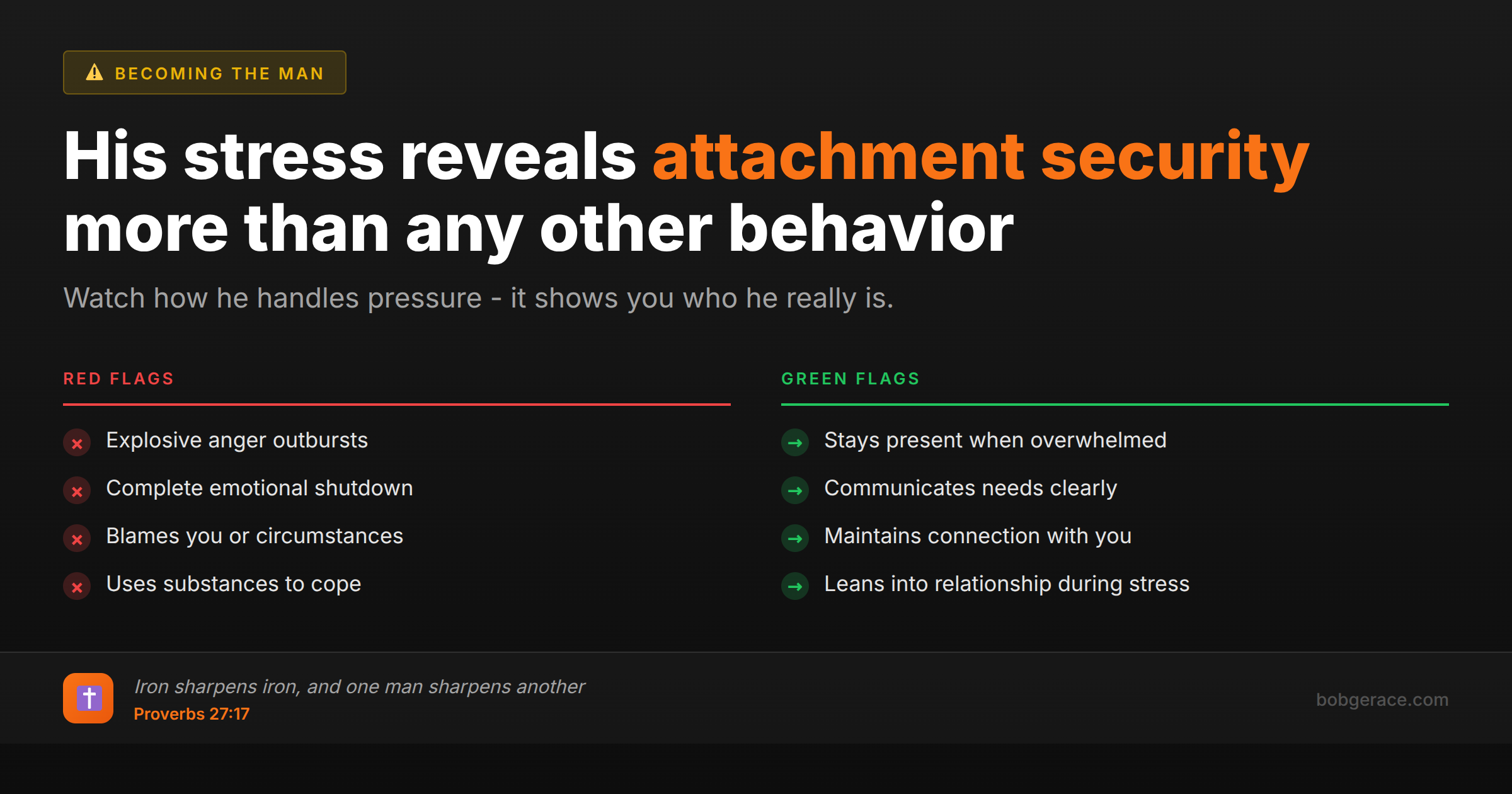 Marriage coaching infographic comparing unhealthy vs healthy stress responses in men, showing red flags vs green flags for relationship attachment security