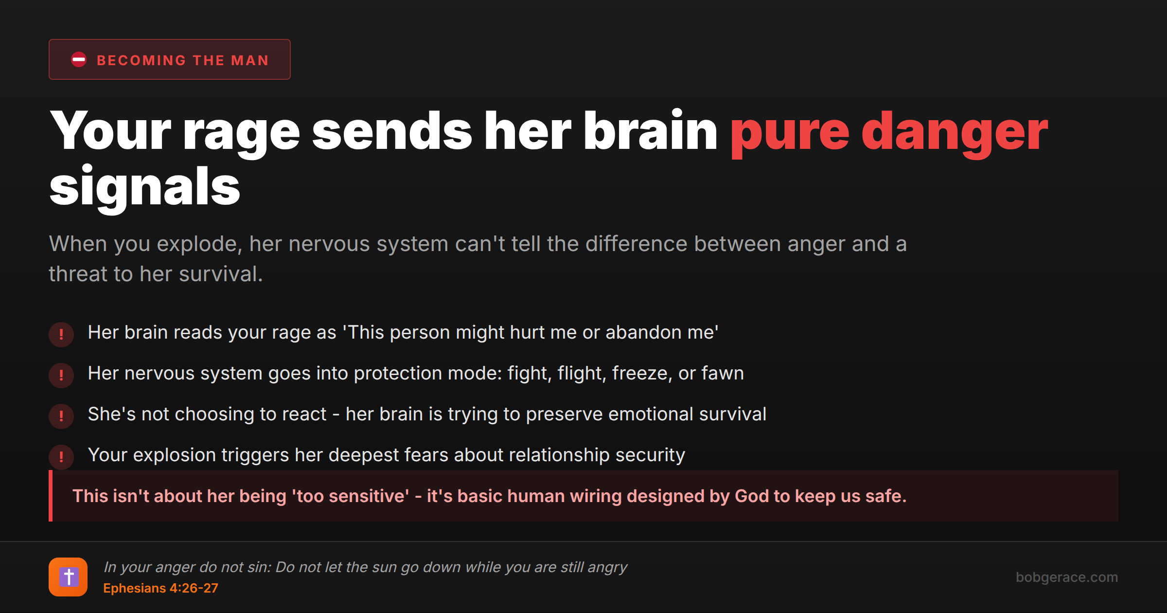 Marriage coaching infographic explaining how a husband's rage triggers his wife's attachment system and creates feelings of danger and insecurity