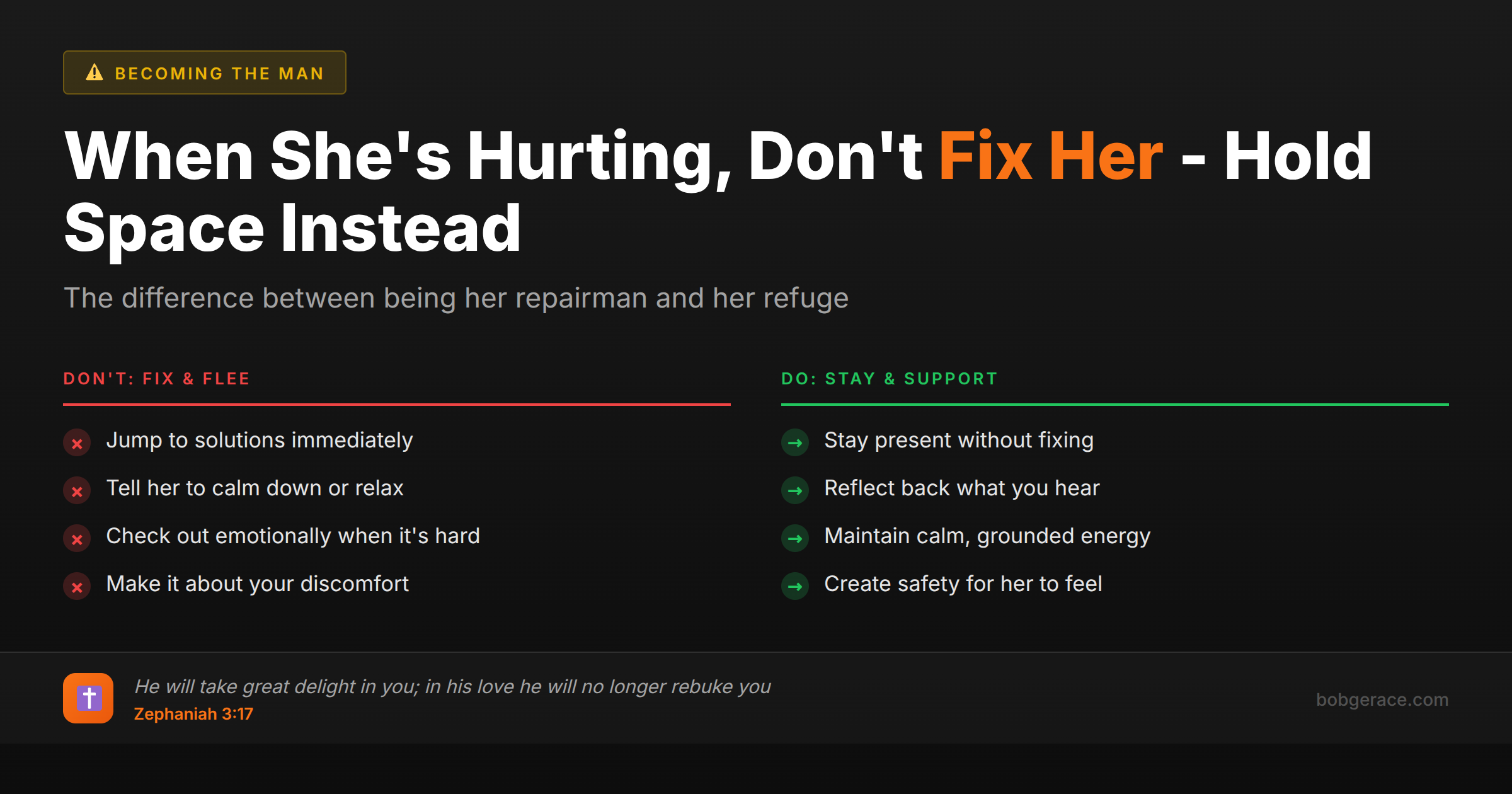 Marriage coaching advice comparing wrong vs right ways to support your wife emotionally - don't try to fix her, learn to hold space instead