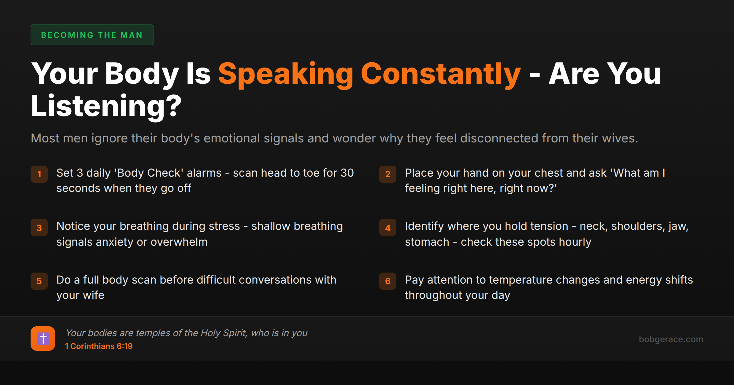 Checklist for men learning to notice emotional feelings in their body for better marriage connection