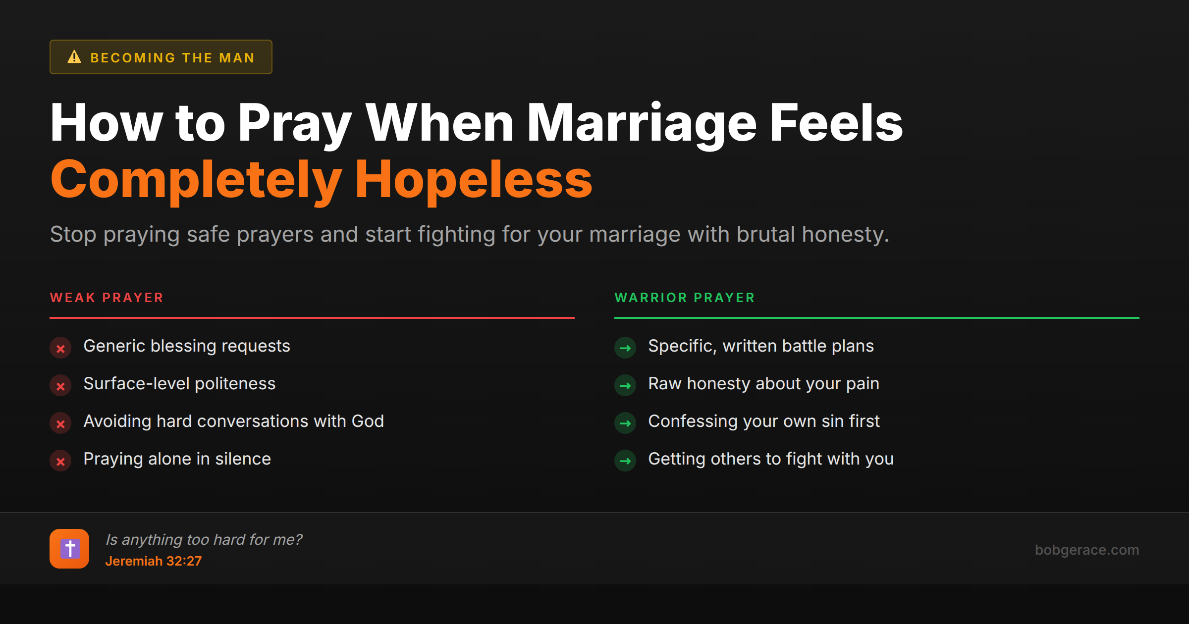 Marriage coaching advice comparing weak prayers versus warrior prayers for seemingly hopeless marriages, with biblical encouragement