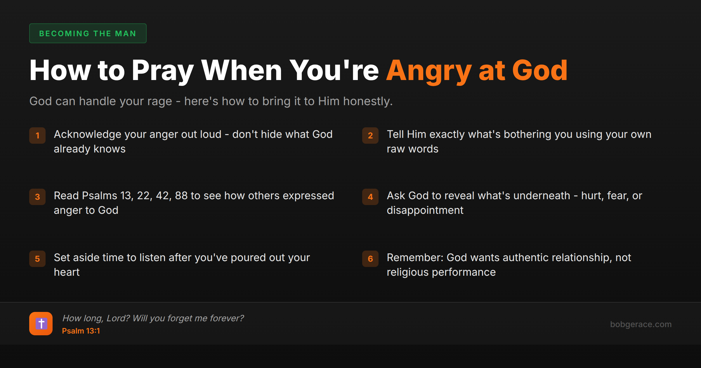 Marriage coaching advice on how to pray with honesty when feeling angry at God, featuring biblical guidance and practical steps