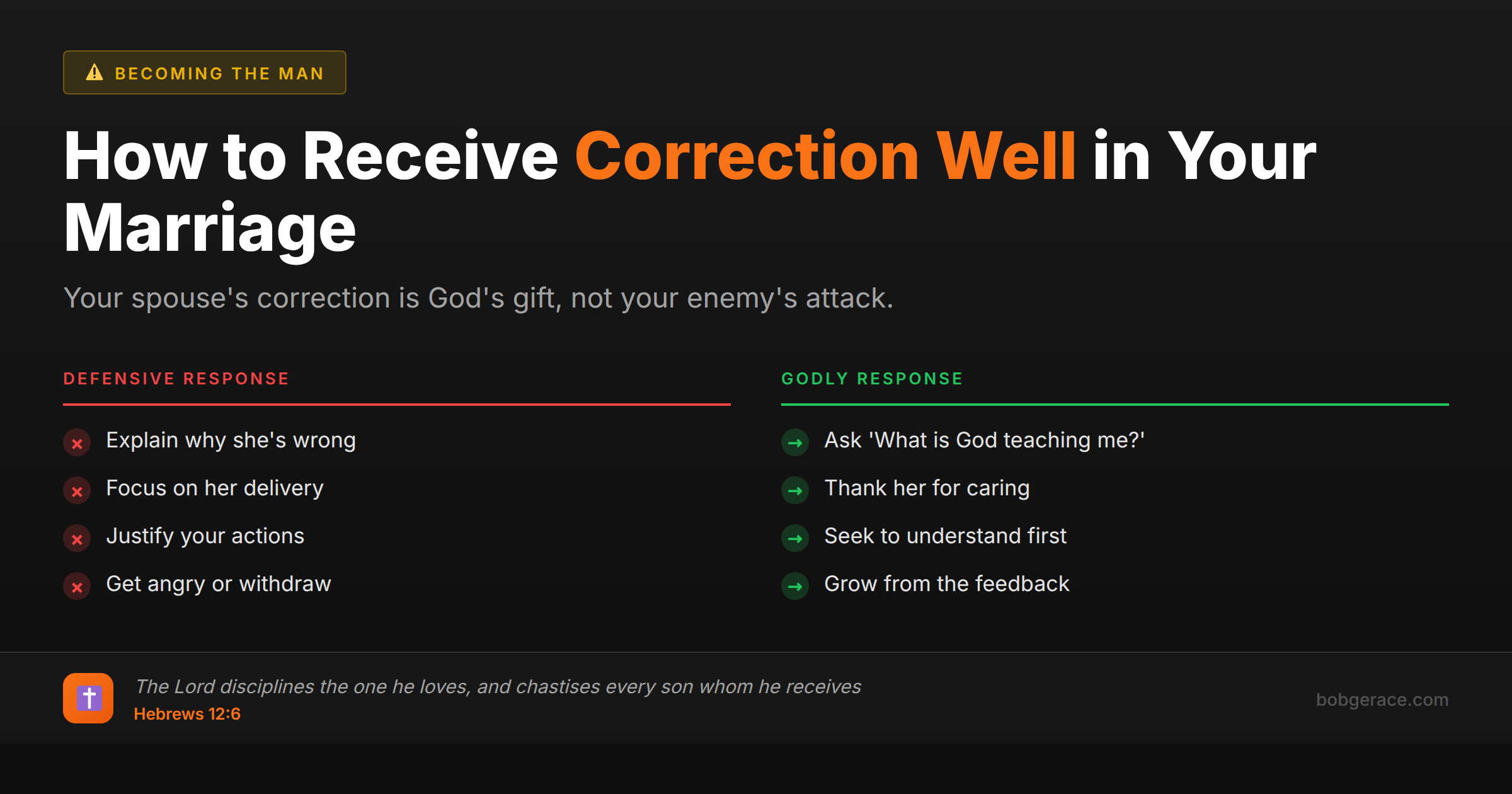 Marriage coaching comparison chart showing defensive vs godly responses to correction from spouse