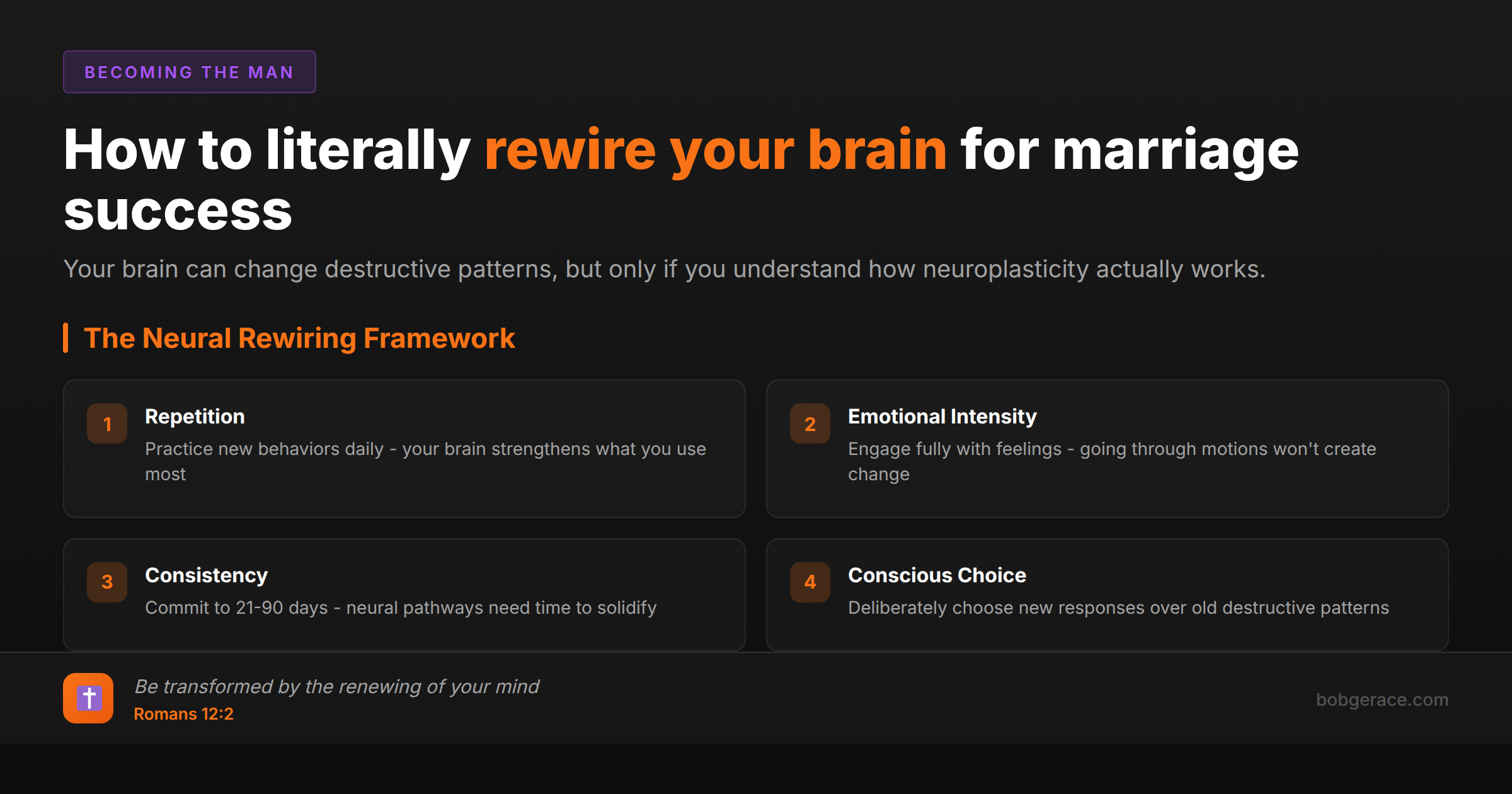 Marriage coaching infographic showing the four-step neural rewiring framework for changing destructive patterns in relationships