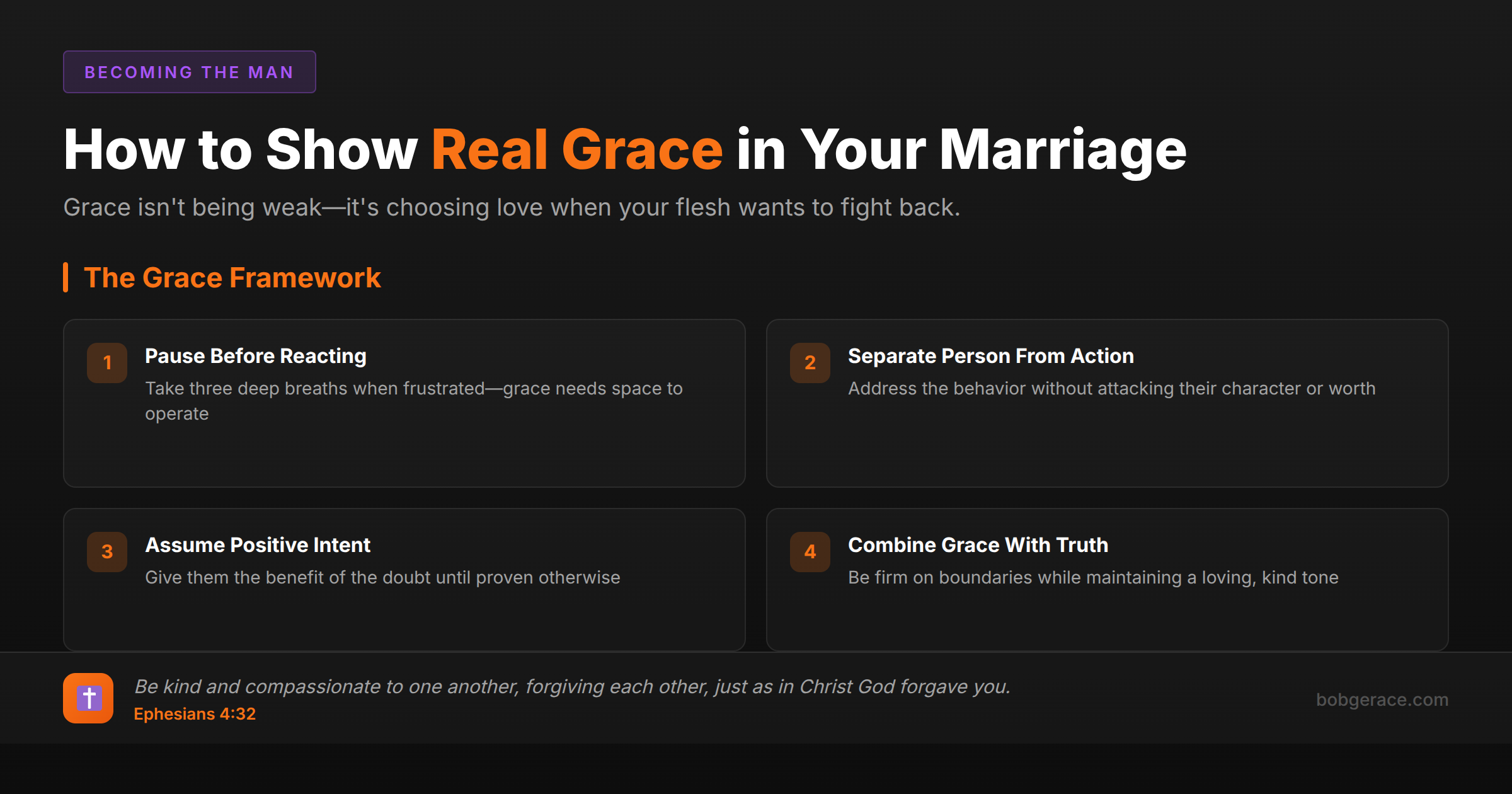 Marriage coaching infographic showing four practical ways to extend grace to your spouse with biblical foundation