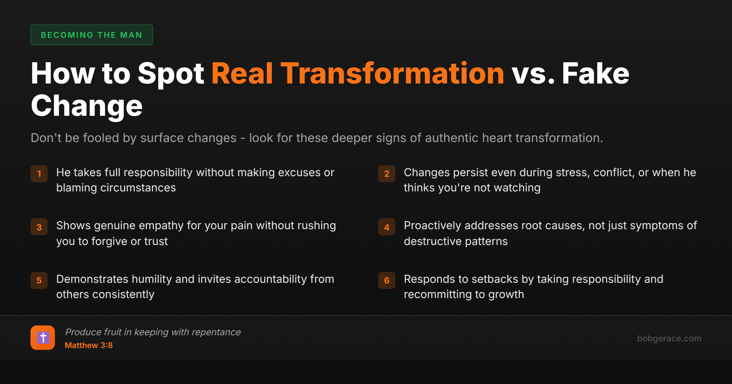 Marriage coaching checklist showing 6 signs of real transformation versus surface-level change in relationships
