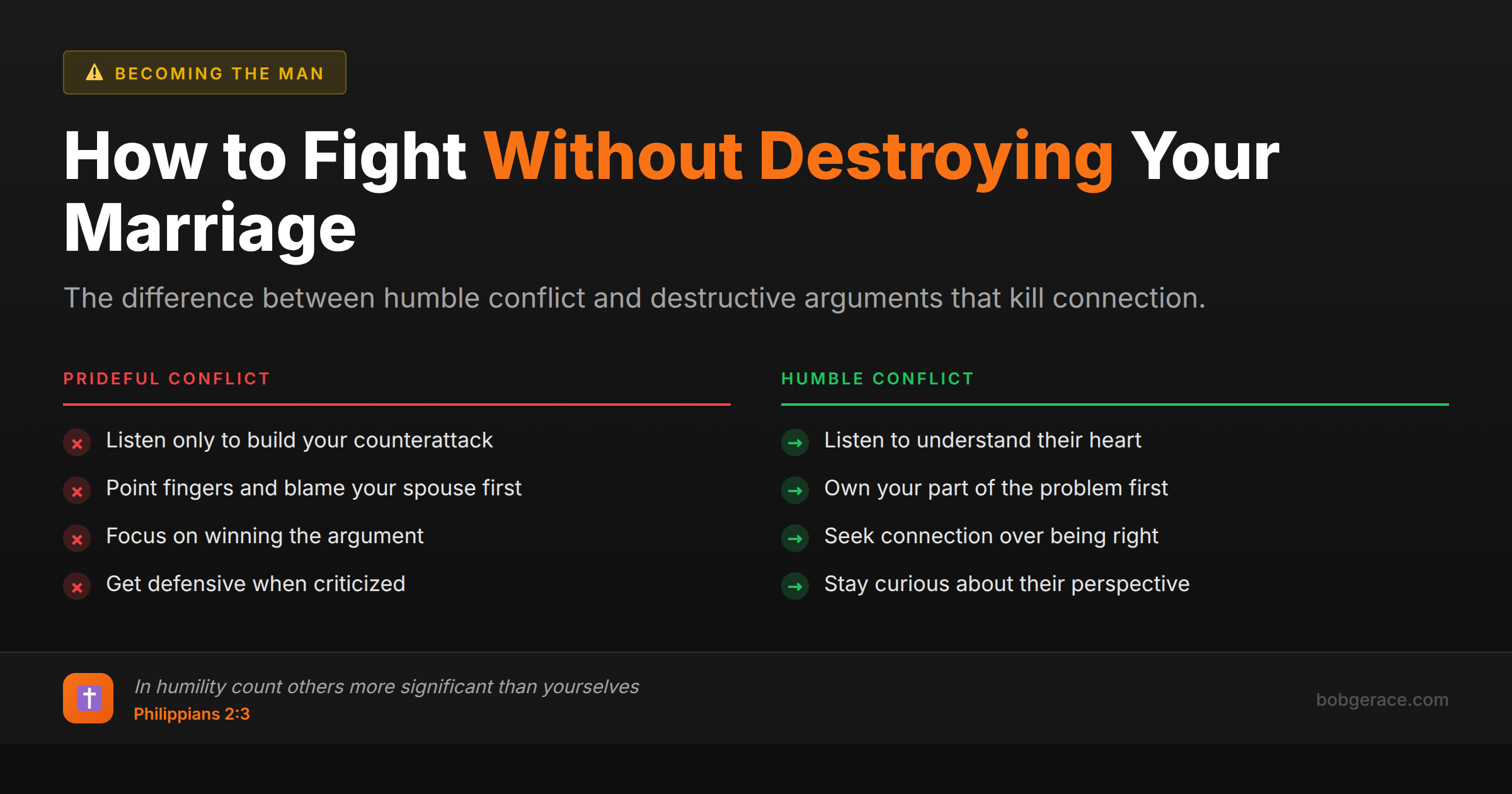 Marriage advice comparing prideful versus humble approaches to conflict resolution for stronger relationships