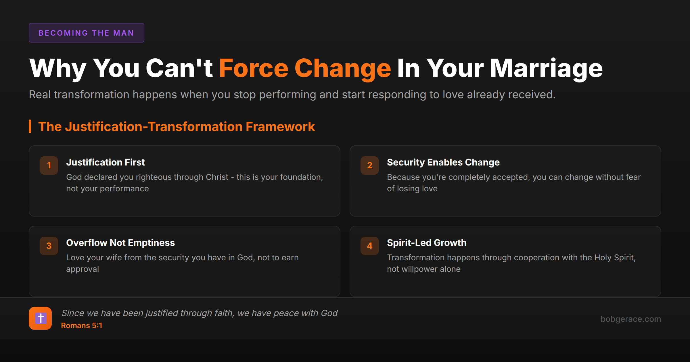 Marriage coaching framework showing how justification enables transformation in relationships through God's love and acceptance
