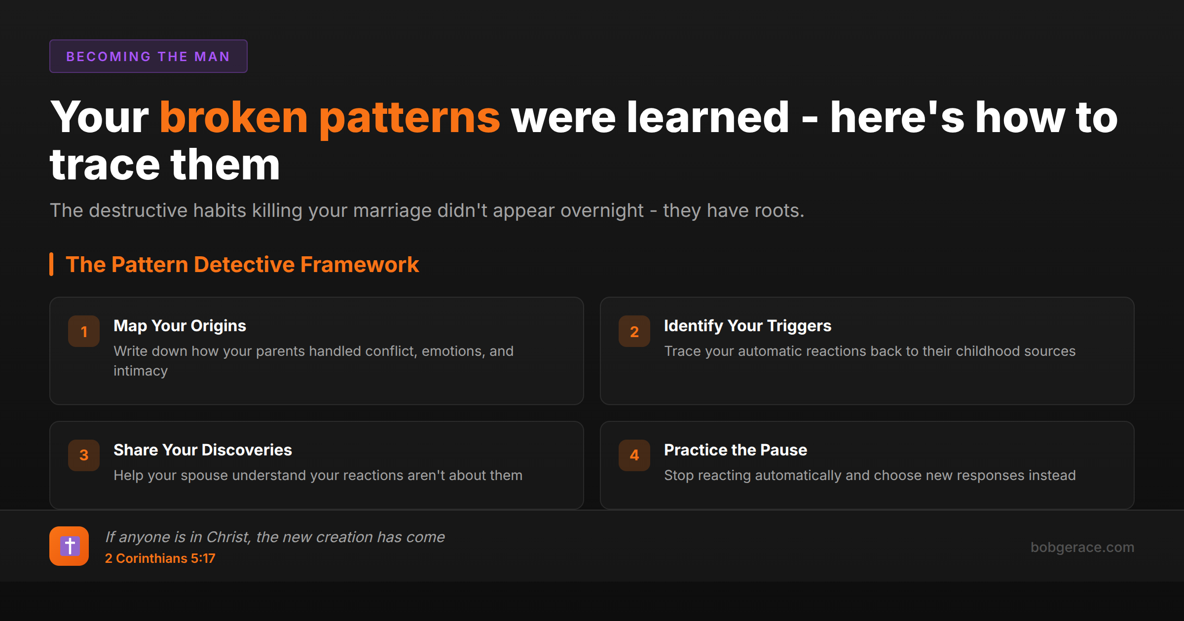 Framework showing how men can identify and trace their destructive marriage patterns back to childhood origins