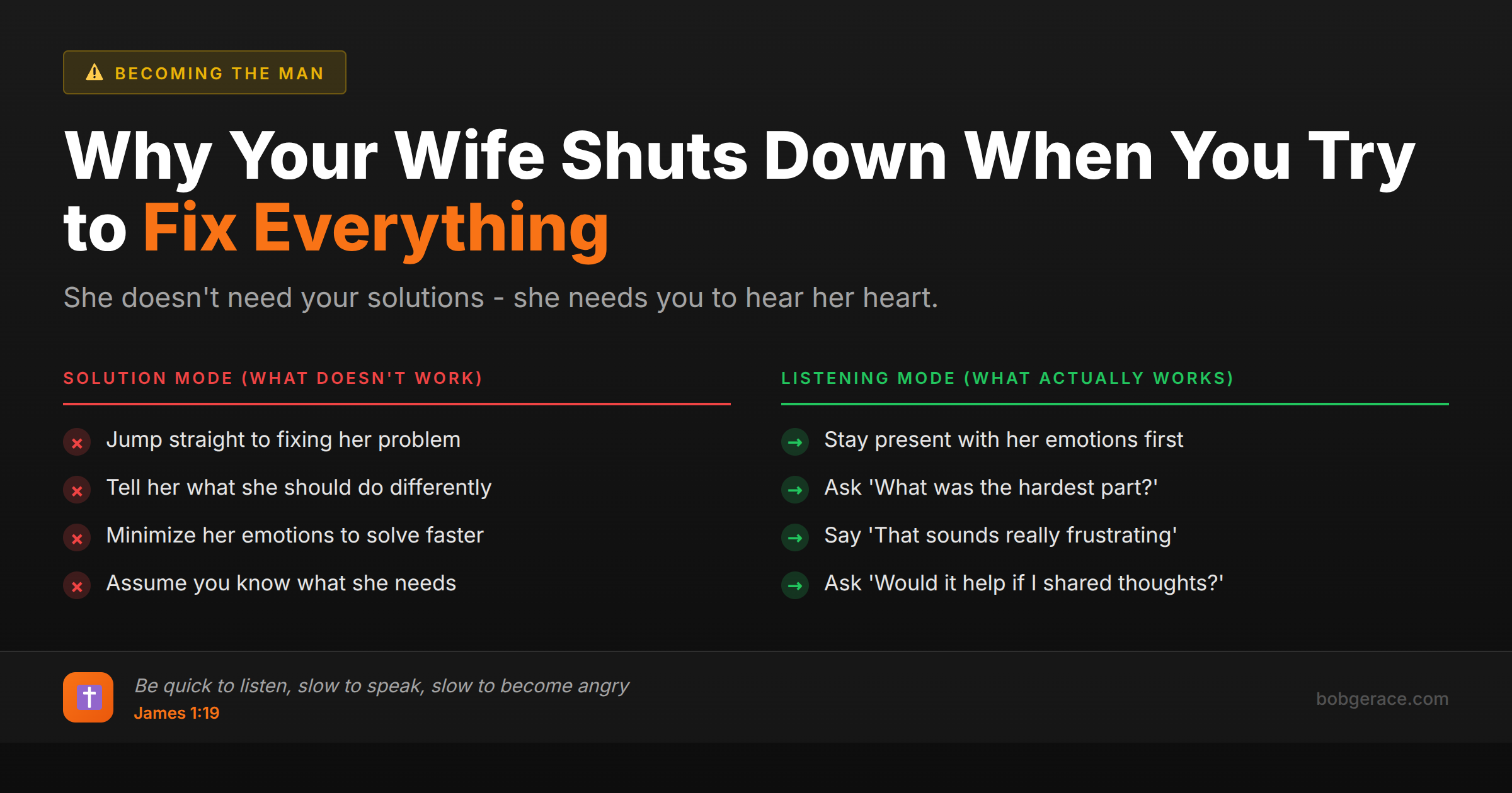 Marriage coaching advice comparing solution mode vs listening mode when your wife shares problems - shows how to listen without immediately trying to fix everything