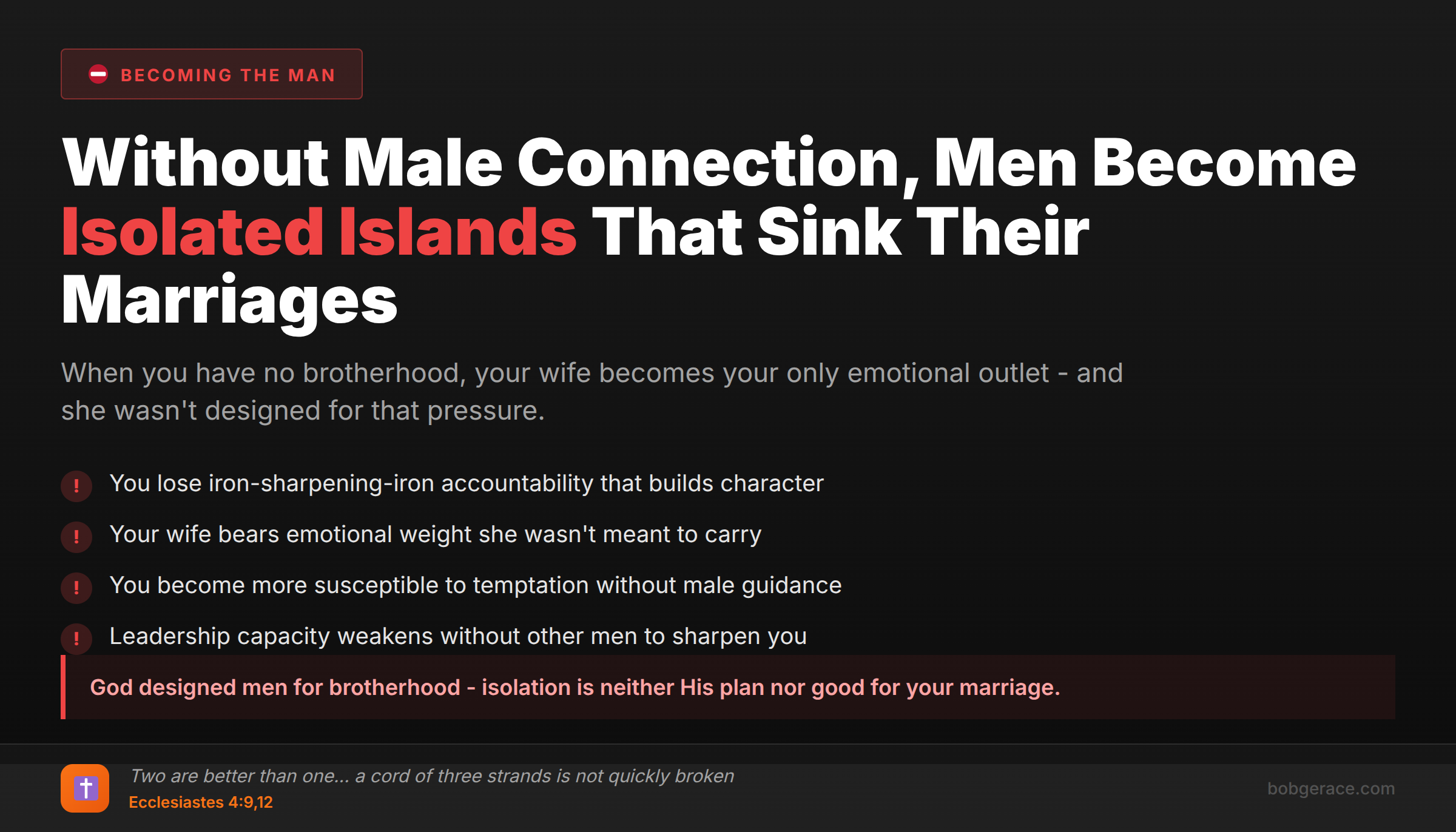 Warning signs that show what happens when men lack male friendships and brotherhood, causing marriage problems and emotional isolation