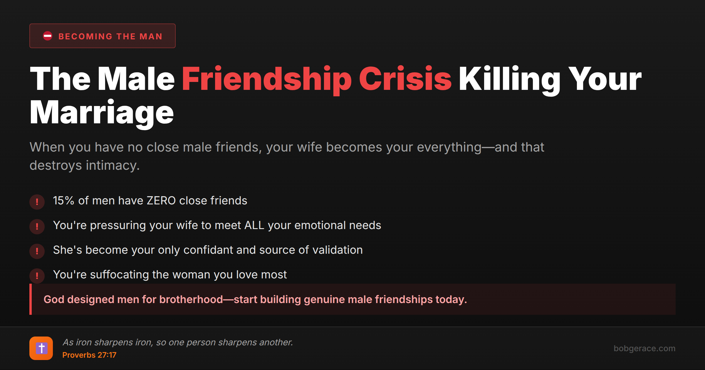 Warning signs of male friendship deficit affecting marriage with Bible verse about iron sharpening iron