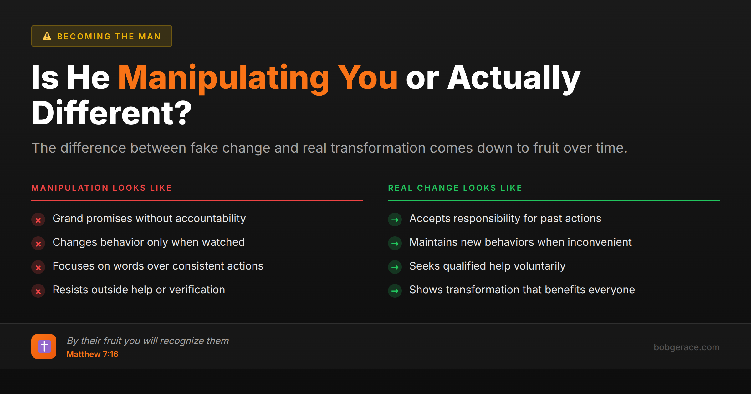 Comparison chart showing the differences between manipulation and genuine change in marriage relationships