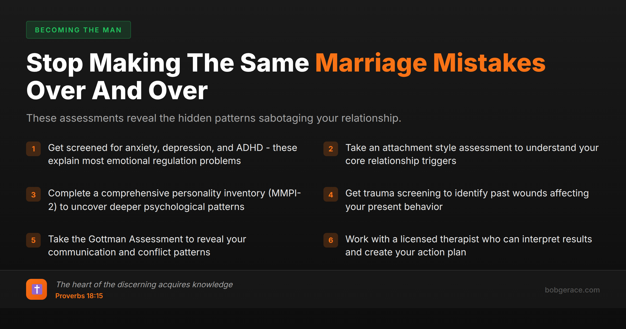 Checklist of professional assessments that help men understand their marriage patterns and stop repeating the same relationship mistakes