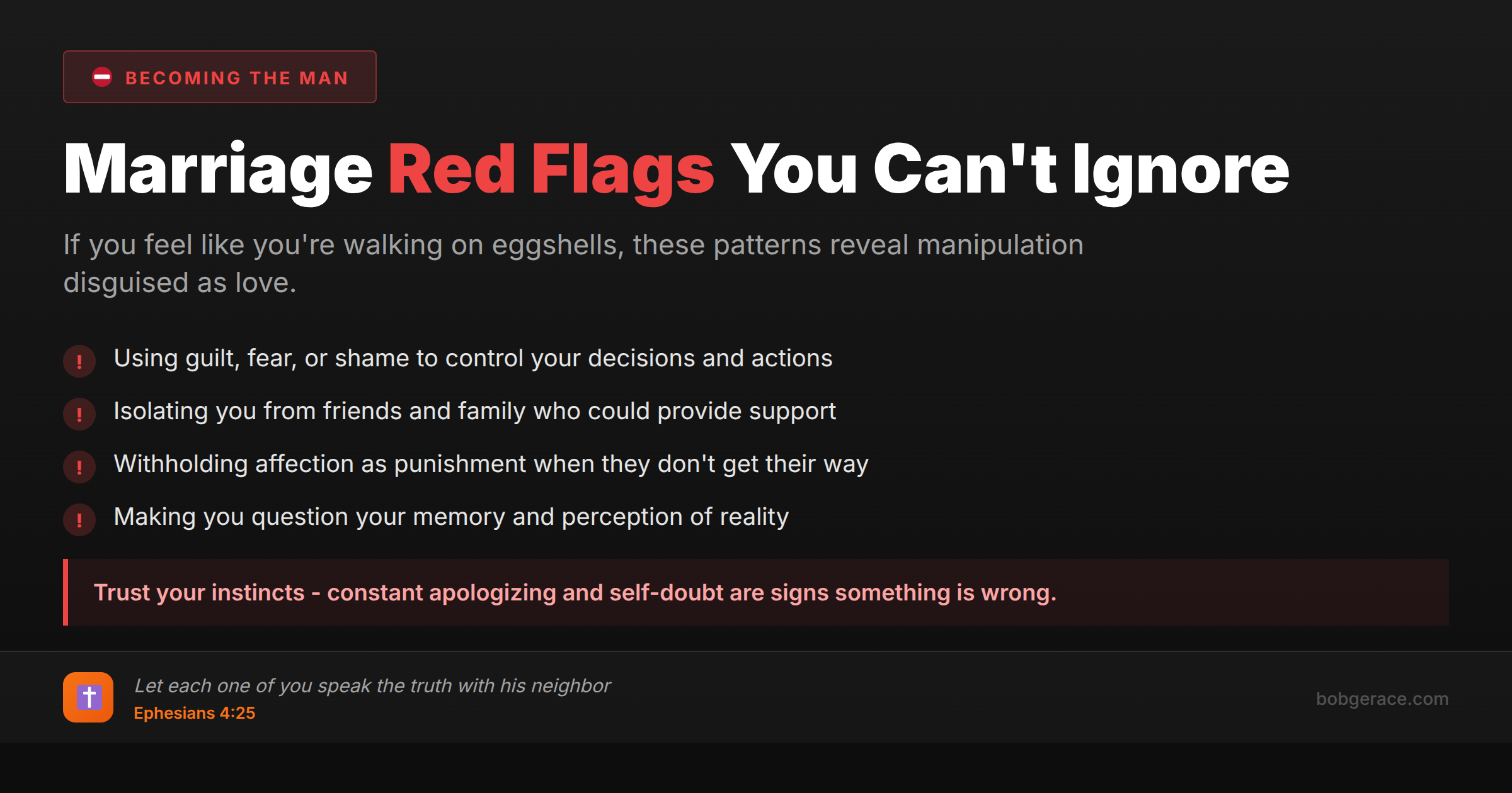 Warning signs of manipulation in marriage - red flags including guilt, isolation, withholding affection, and gaslighting with biblical guidance