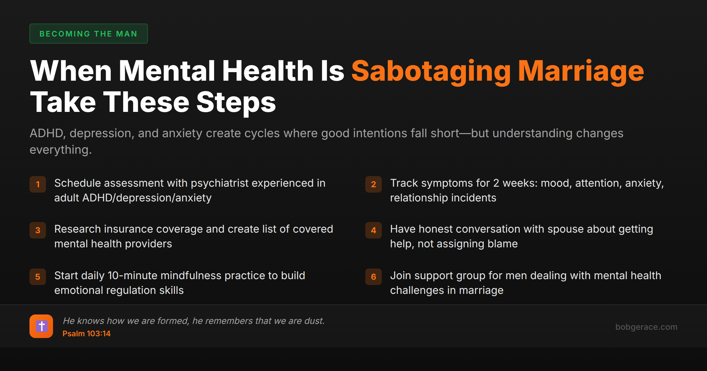 Checklist of action steps for men whose mental health challenges like ADHD, depression or anxiety are affecting their marriage