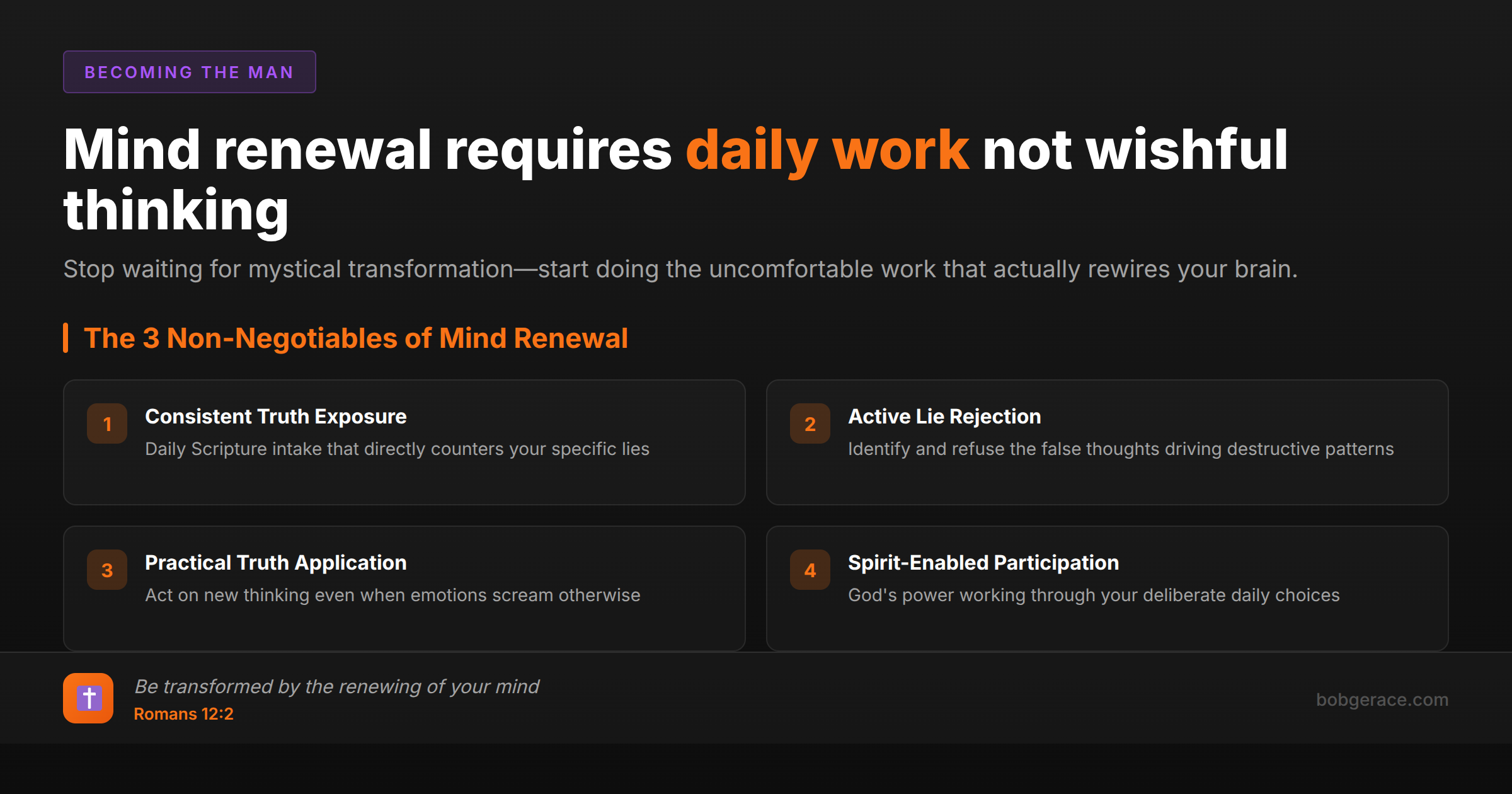 Marriage coaching framework showing the 3 non-negotiables of mind renewal with Romans 12:2 scripture reference