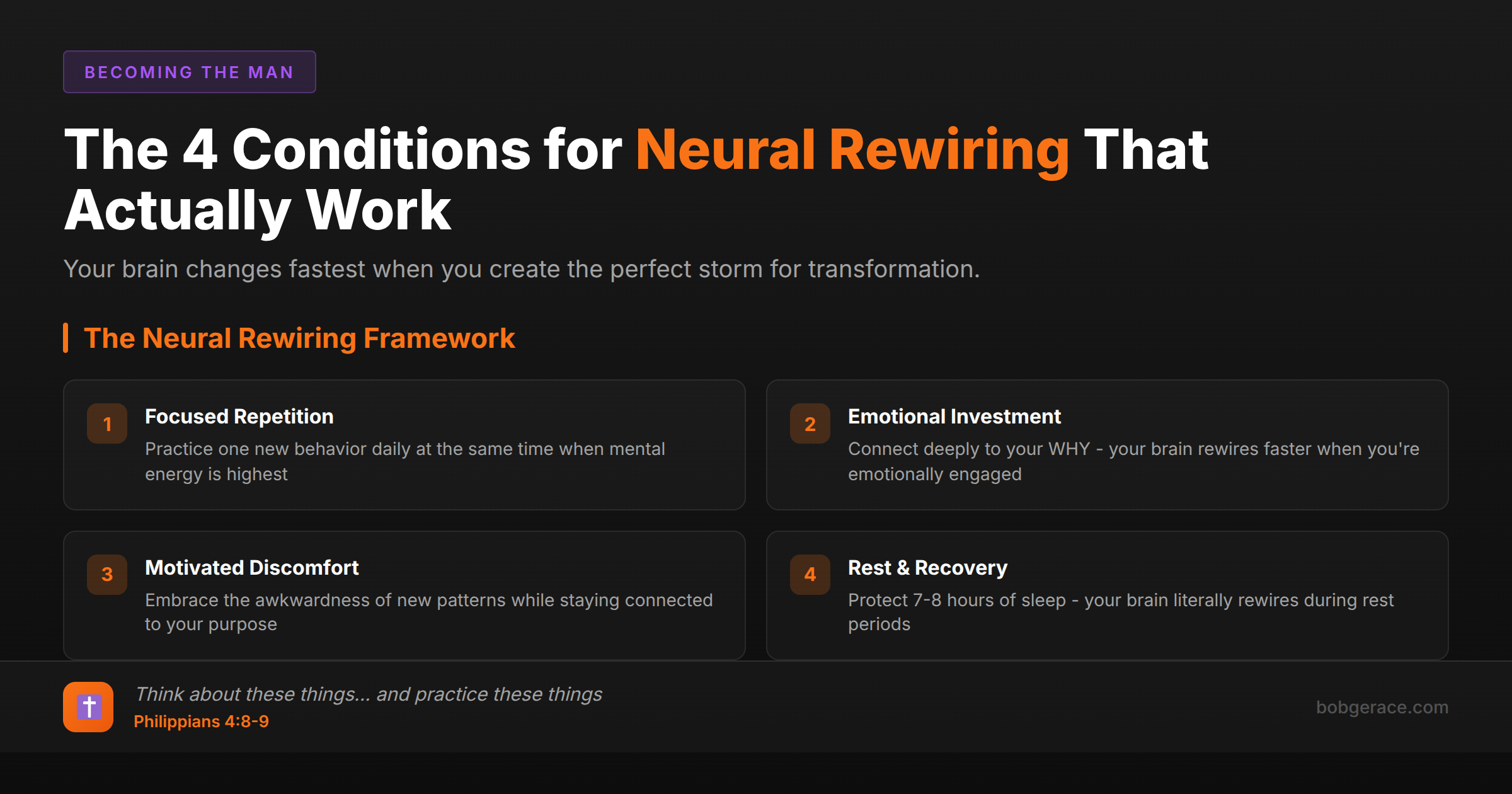 The 4 conditions for neural rewiring framework showing focused repetition, emotional investment, motivated discomfort, and rest and recovery for optimal brain change