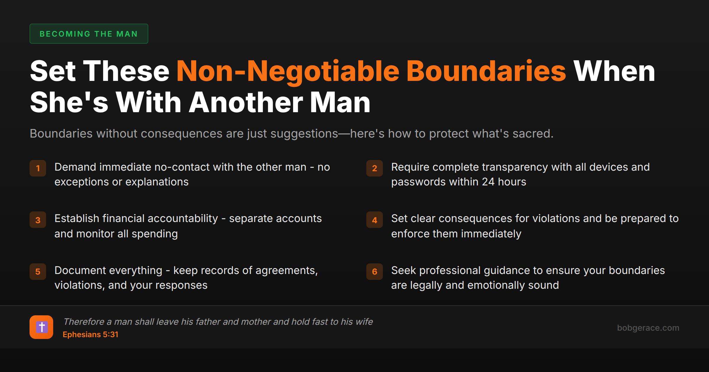 Marriage coaching checklist showing 6 non-negotiable boundaries to set when wife is involved with another man, with biblical foundation from Ephesians 5:31