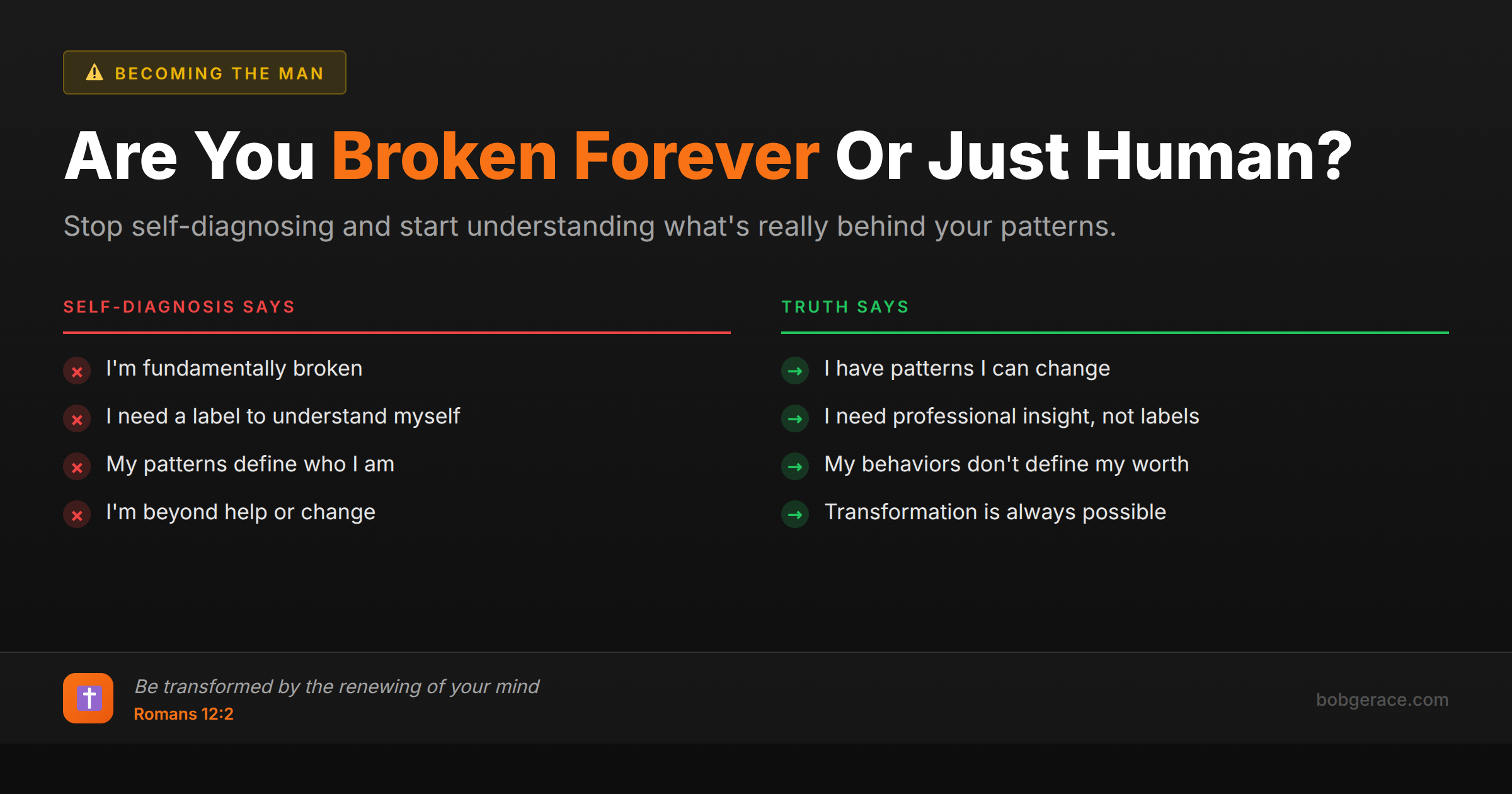 Comparison chart showing the difference between self-diagnosis fears and the truth about personal transformation in marriage, with Romans 12:2 scripture reference