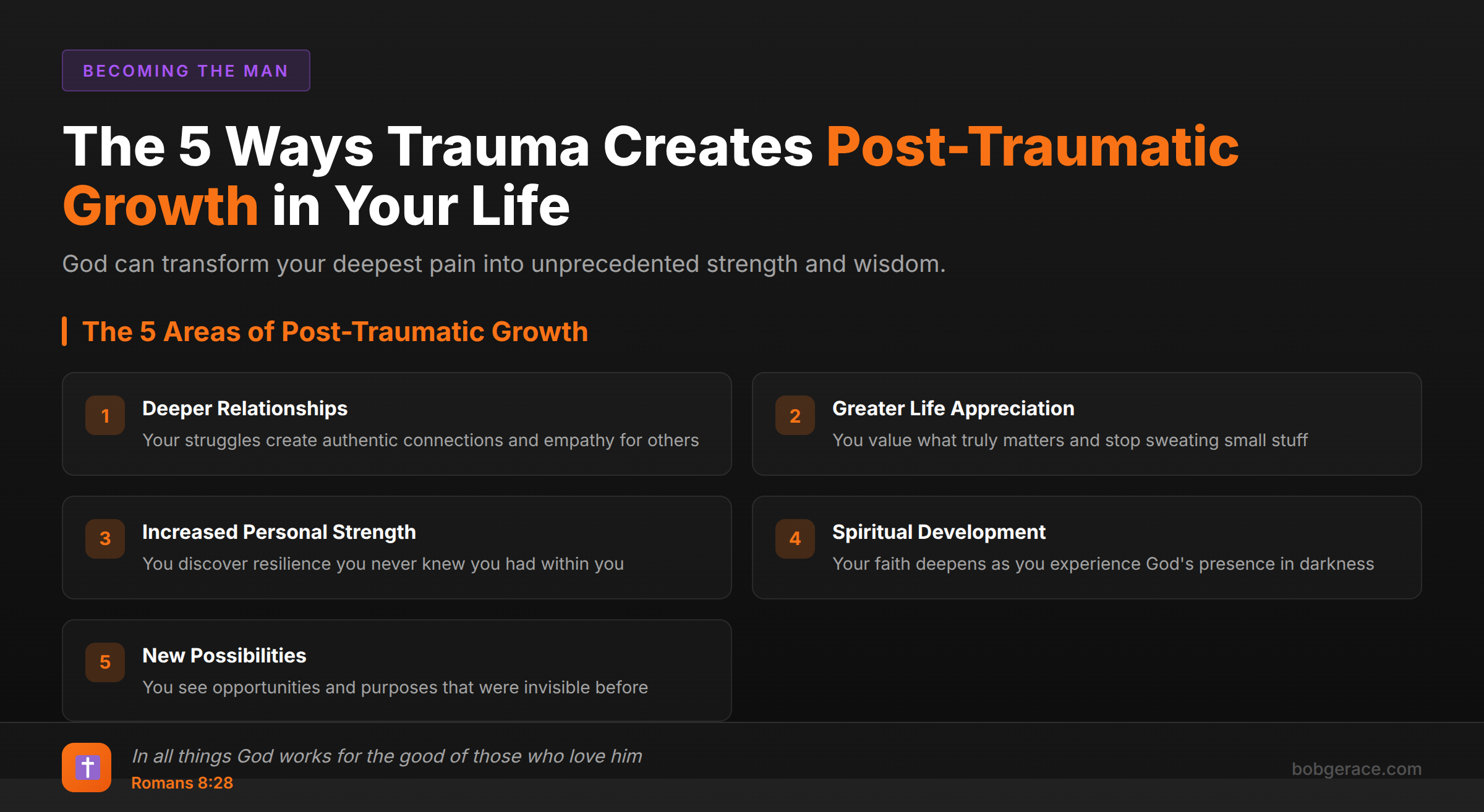 Infographic showing the 5 areas of post-traumatic growth: deeper relationships, life appreciation, personal strength, spiritual development, and new possibilities, with Romans 8:28 scripture reference
