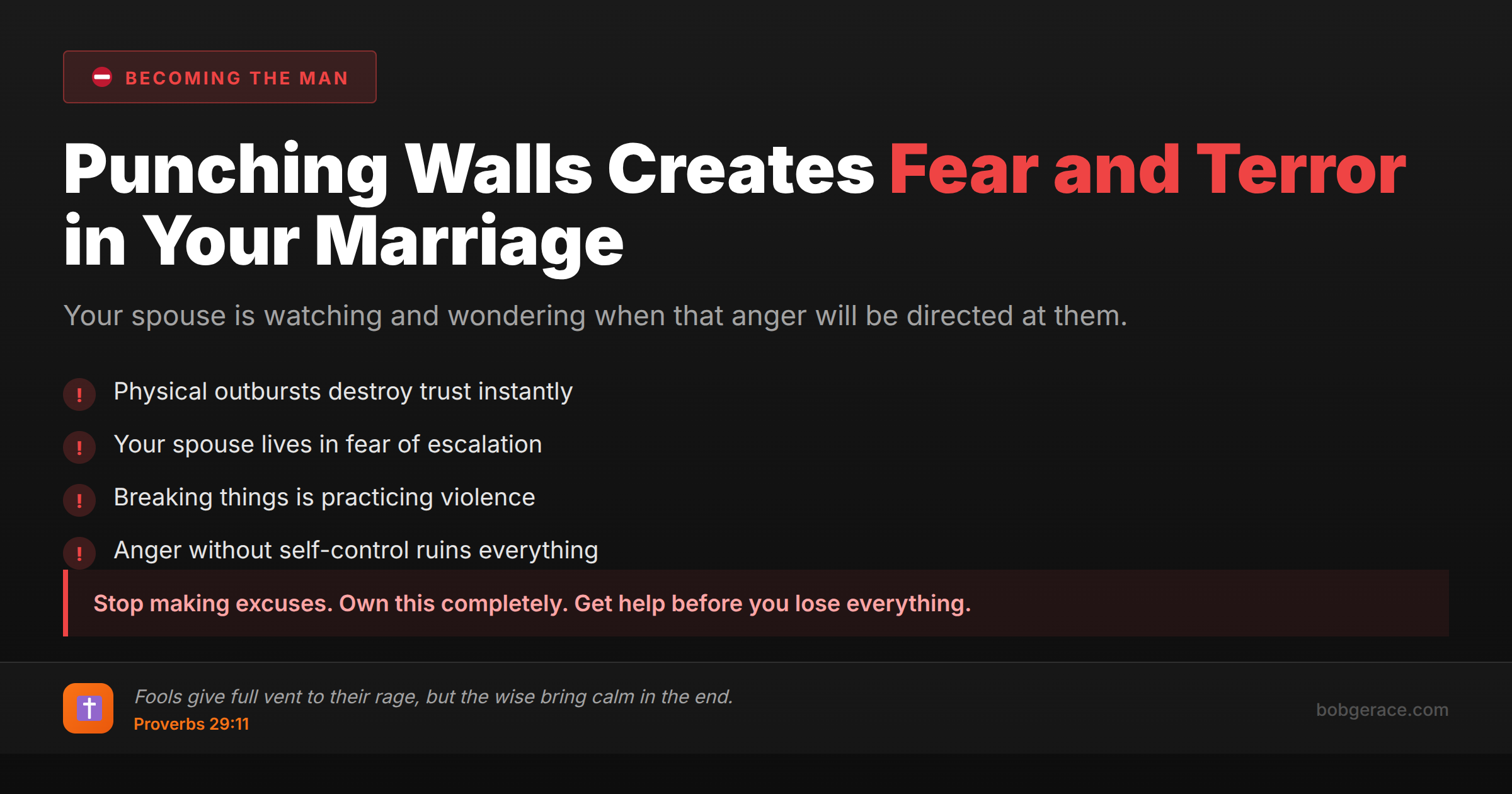 Marriage coaching warning about physical outbursts and anger destroying trust and safety in relationships