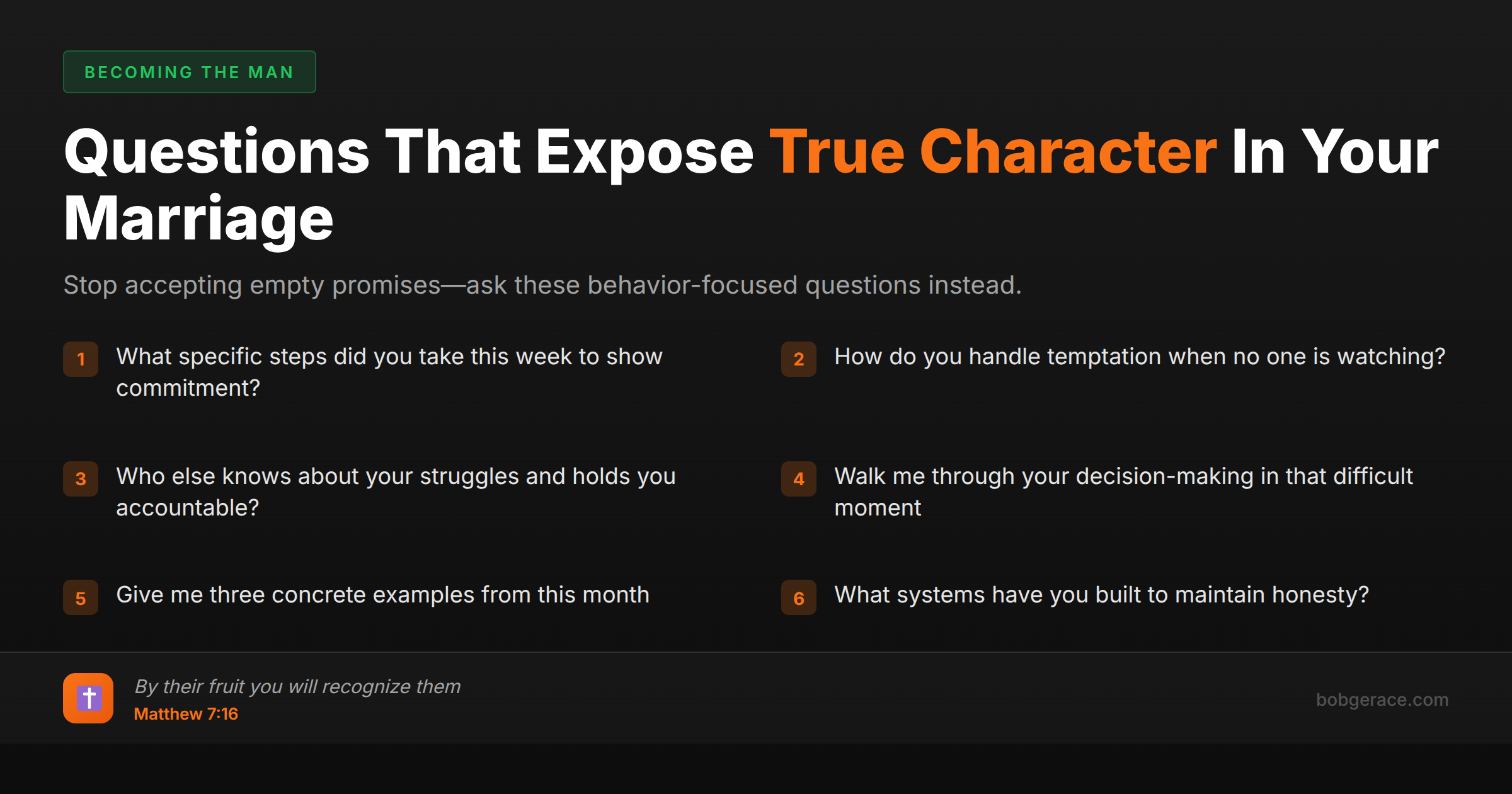 Marriage coaching checklist showing 6 powerful questions to assess authenticity and character in your spouse, with biblical foundation from Matthew 7:16