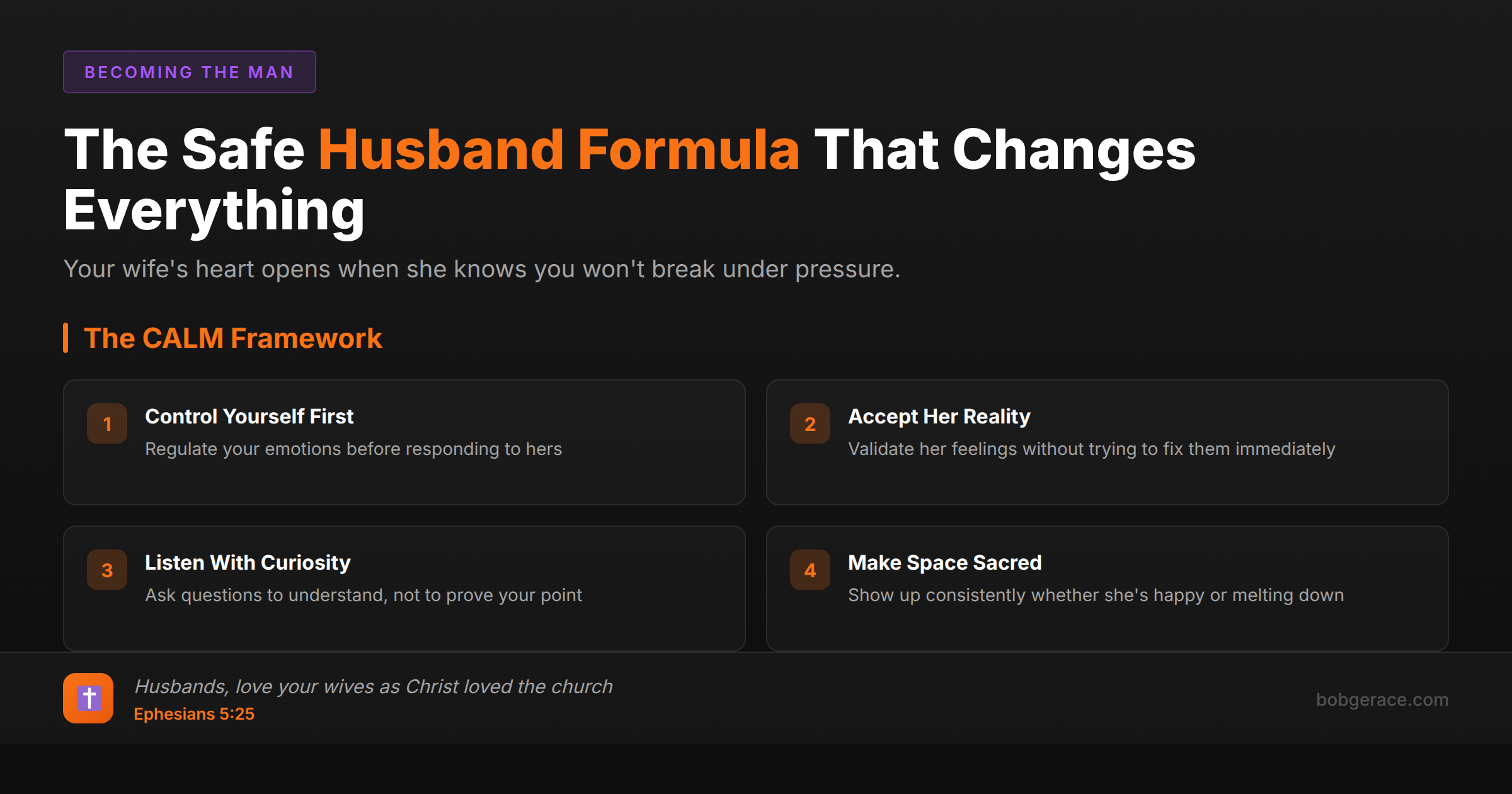 Marriage coaching framework showing how husbands can become a safe emotional presence using the CALM method with biblical foundation