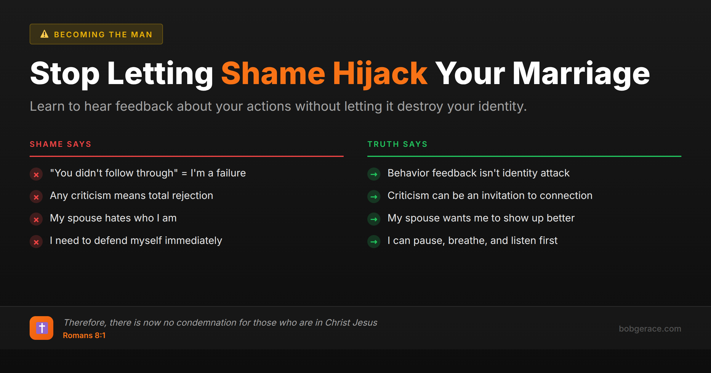 Marriage advice comparing shame-based thinking versus healthy responses to spousal feedback and criticism