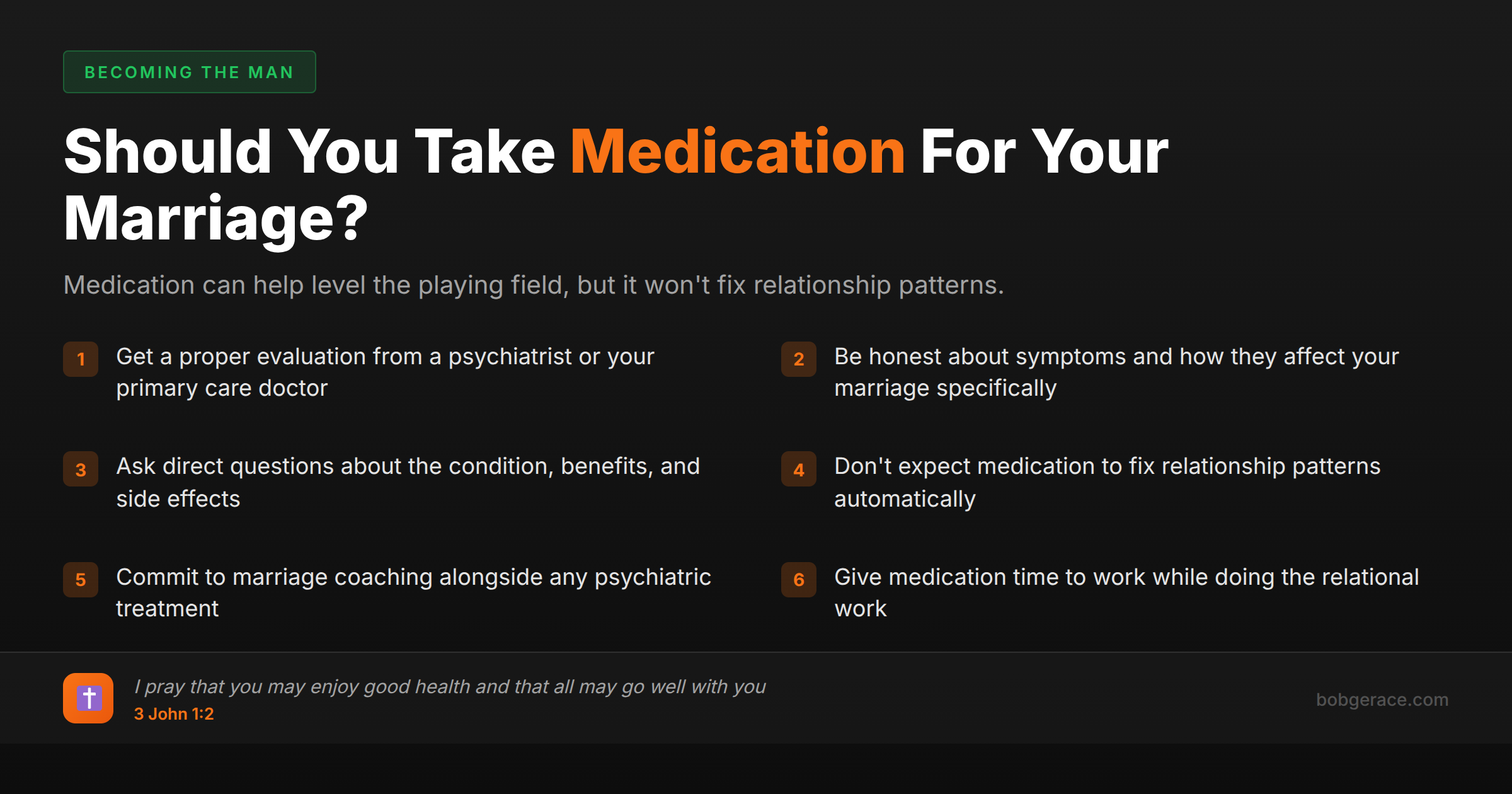 Marriage coaching checklist for men considering medication to help their marriage, with Biblical guidance from 3 John 1:2