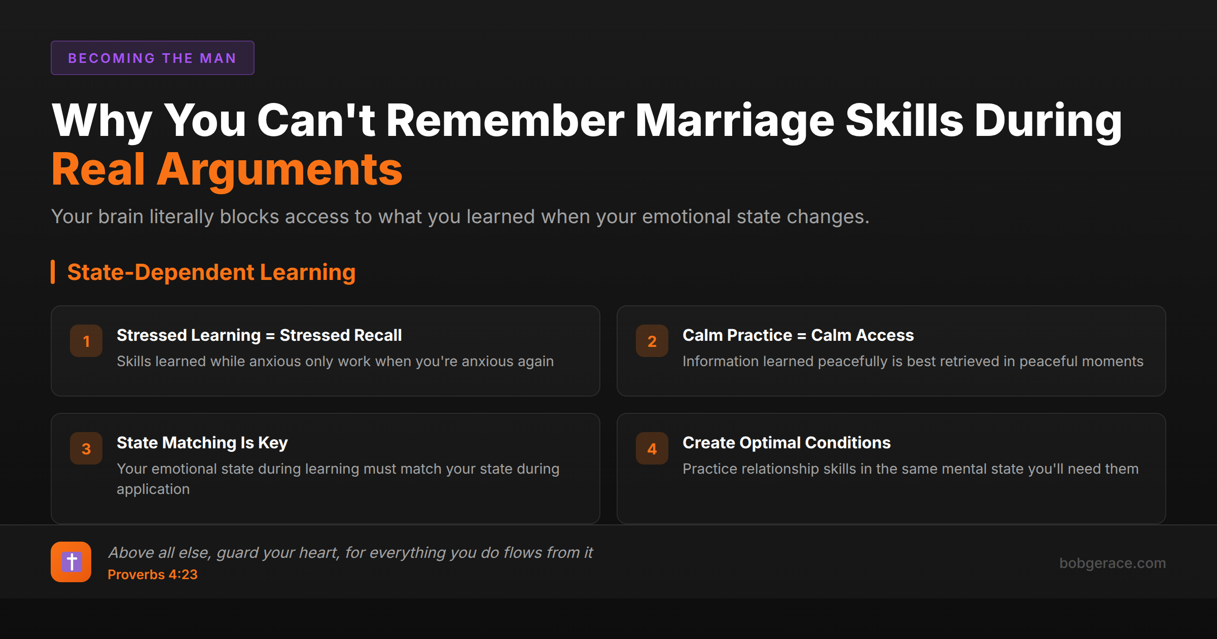 State-dependent learning framework showing why men struggle to apply marriage skills during arguments and how to practice in optimal emotional states
